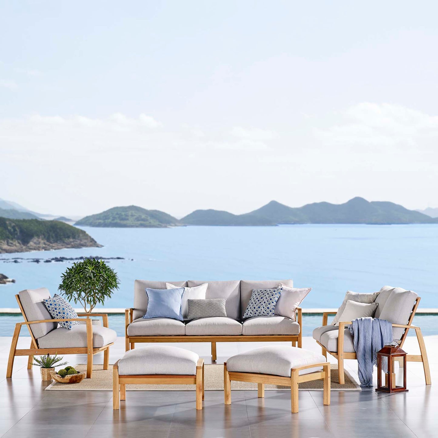 Orlean 5 Piece Outdoor Patio Eucalyptus Wood Set, Wood, Brown Natural Light Grey Gray, 18557