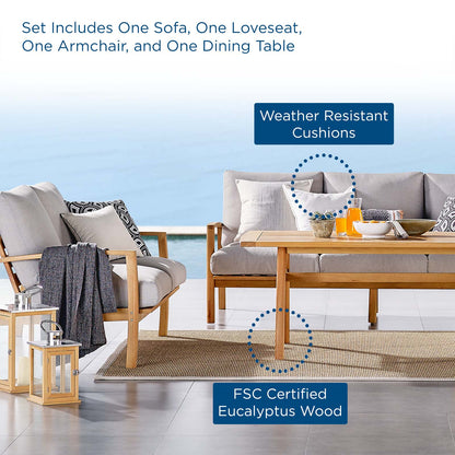 Orlean 4 Piece Outdoor Patio Eucalyptus Wood Dining Set, Wood, Brown Natural Light Grey Gray, 18558