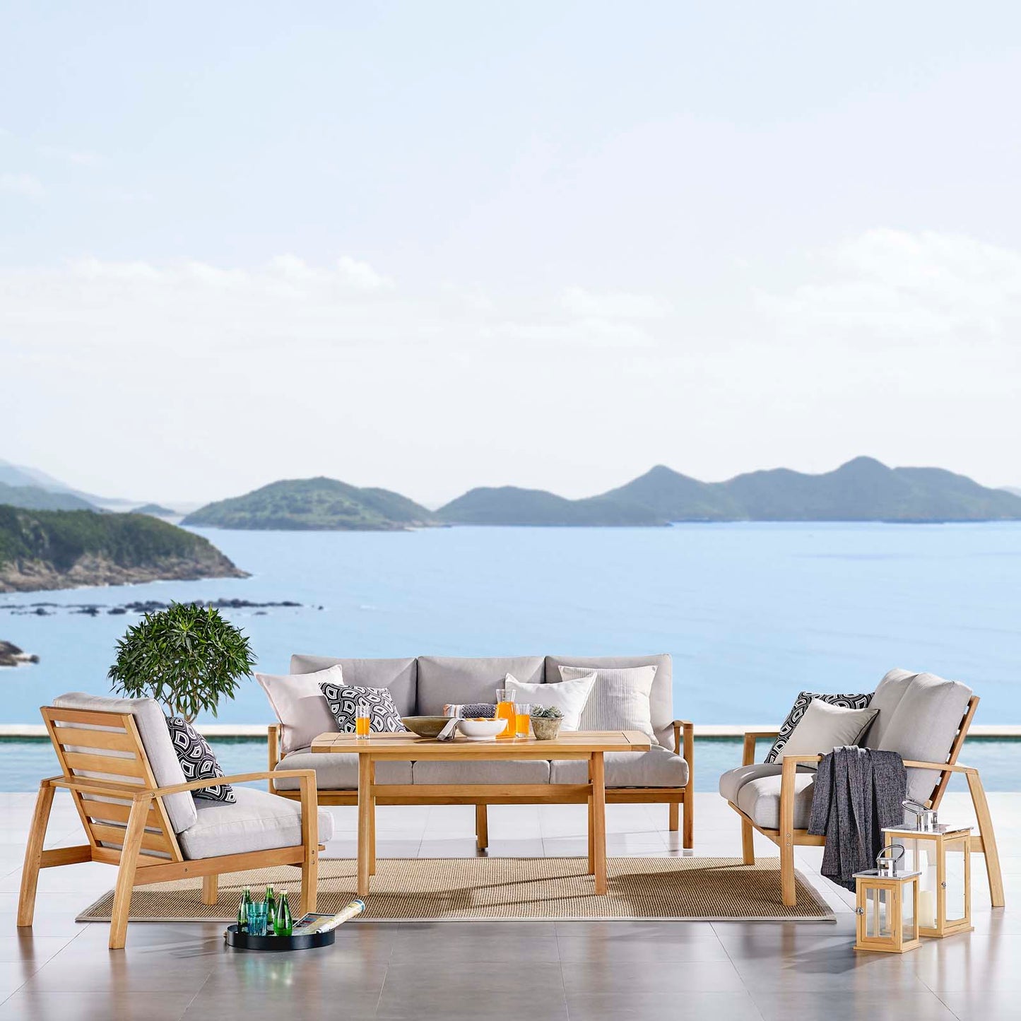 Orlean 4 Piece Outdoor Patio Eucalyptus Wood Dining Set, Wood, Brown Natural Light Grey Gray, 18558