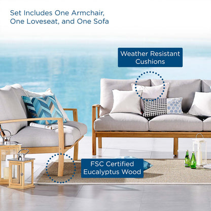 Orlean 3 Piece Outdoor Patio Eucalyptus Wood Set, Wood, Brown Natural Light Grey Gray, 18559