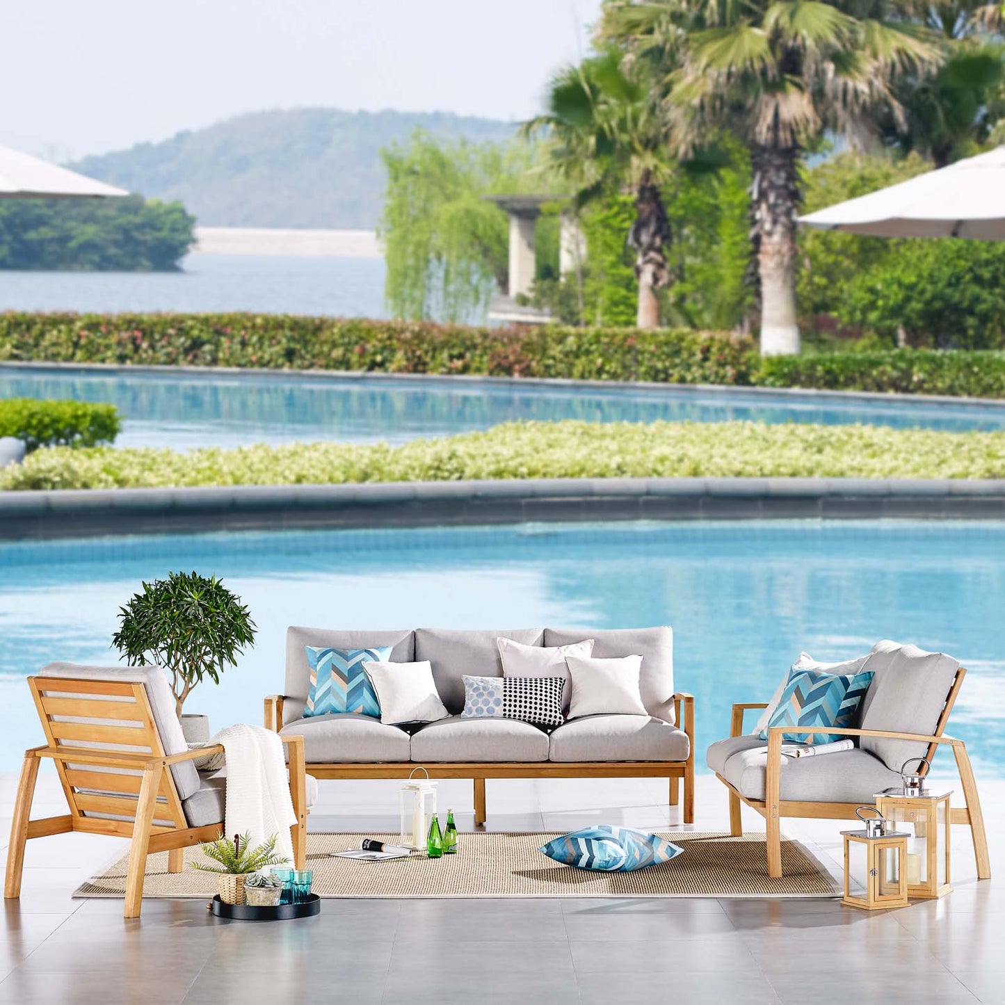 Orlean 3 Piece Outdoor Patio Eucalyptus Wood Set, Wood, Brown Natural Light Grey Gray, 18559