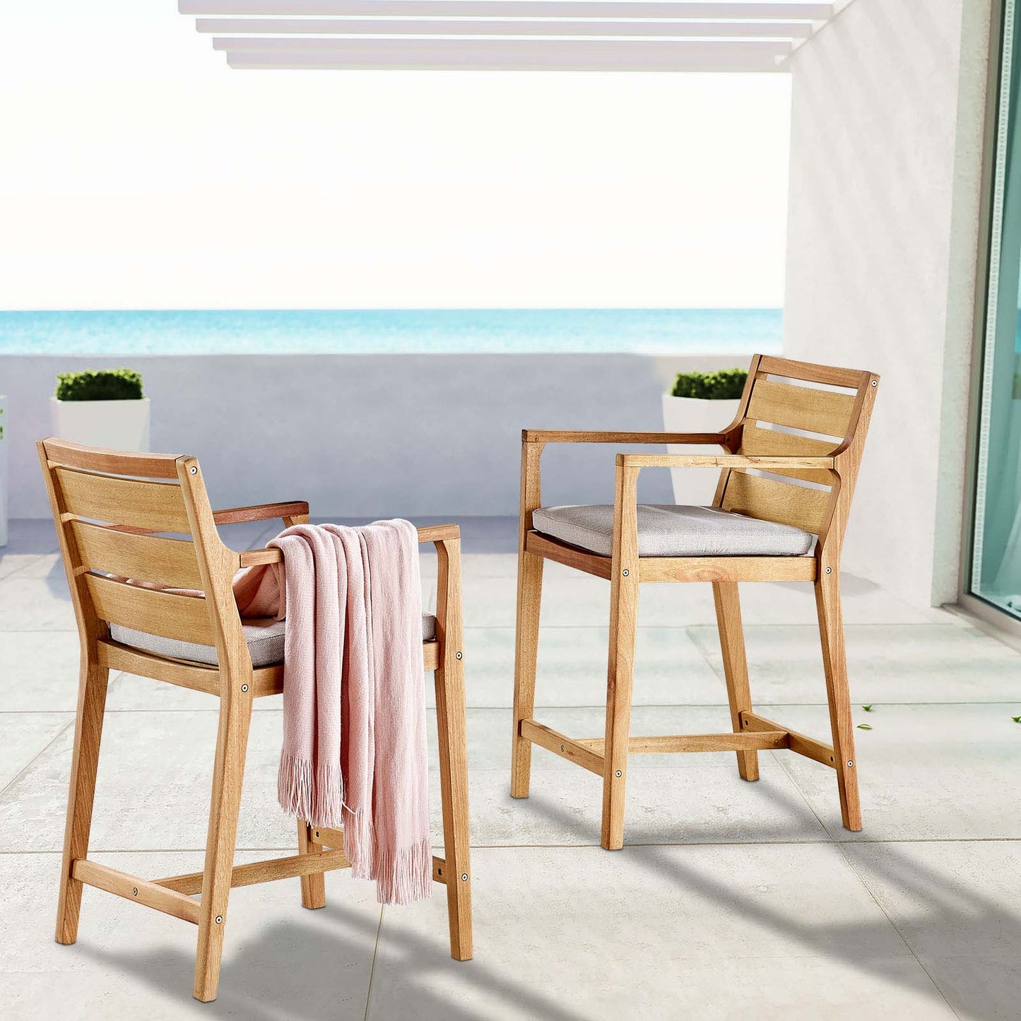 Portsmouth Outdoor Patio Karri Wood Bar Stool Set of 2, Wood, Brown Natural Taupe Gray, 18561
