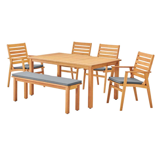 Syracuse 6 Piecce Outdoor Patio Eucalyptus Wood Dining Set, Wood, Brown Natural Grey Gray, 18563