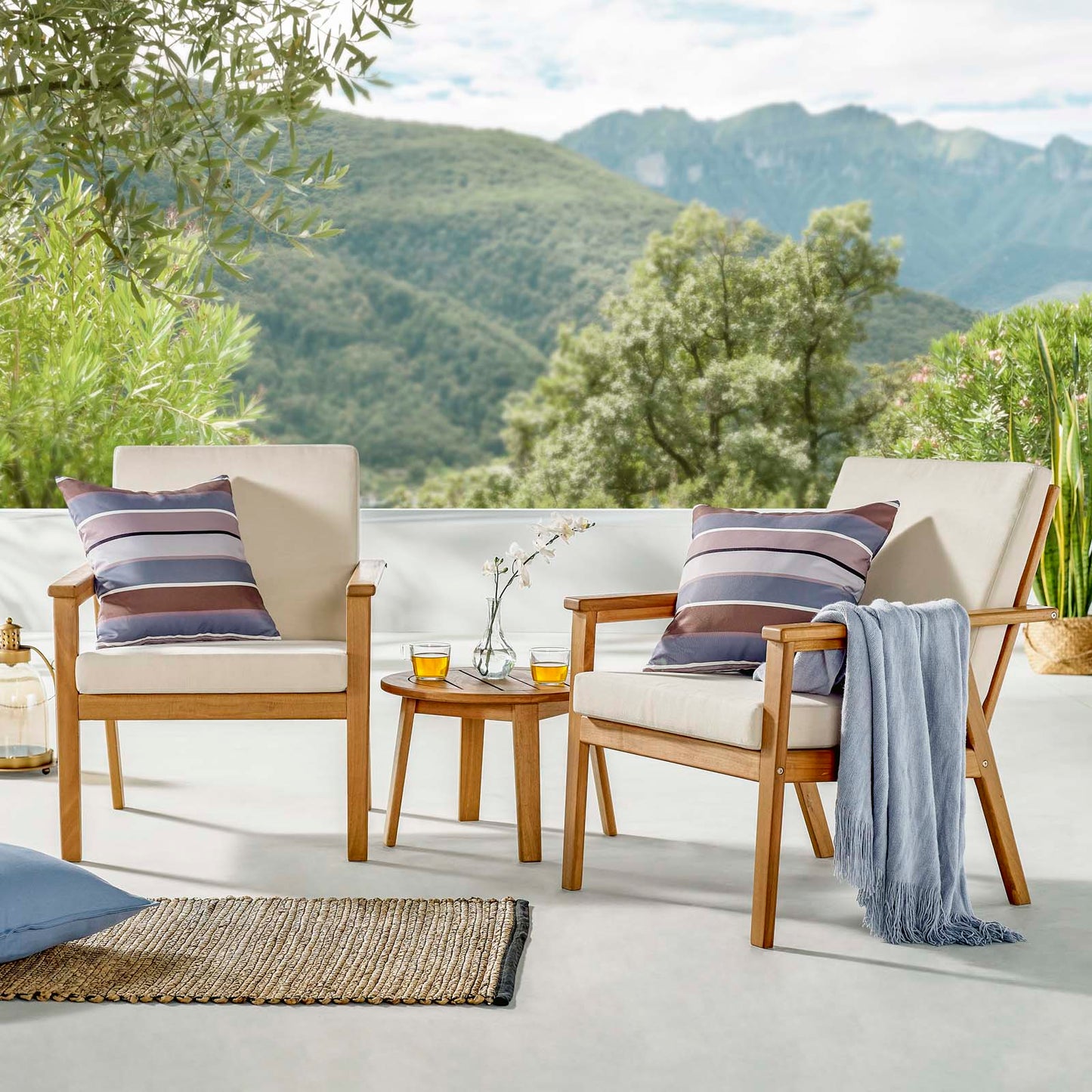 Vero 3 Piece Outdoor Patio Ash Wood Set, Wood, Brown Natural Beige, 18564