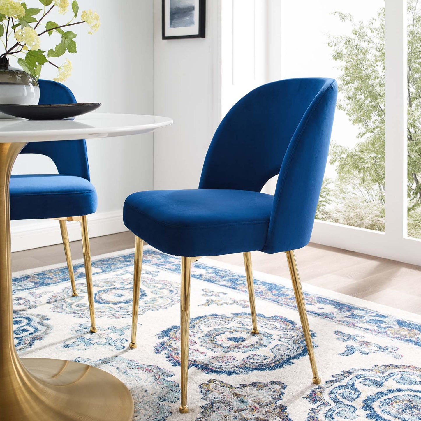 Rouse Dining Room Side Chair, Velvet Fabric Metal Steel, Navy Blue, 18031