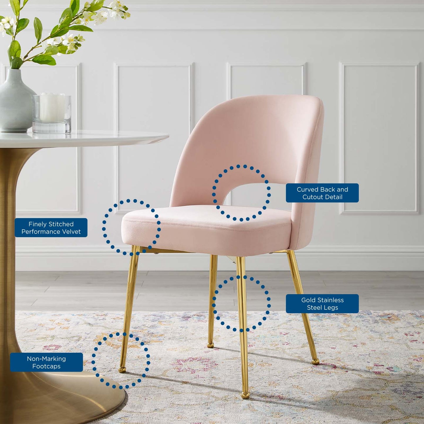 Rouse Dining Room Side Chair, Velvet, Metal Steel, Pink, 18565