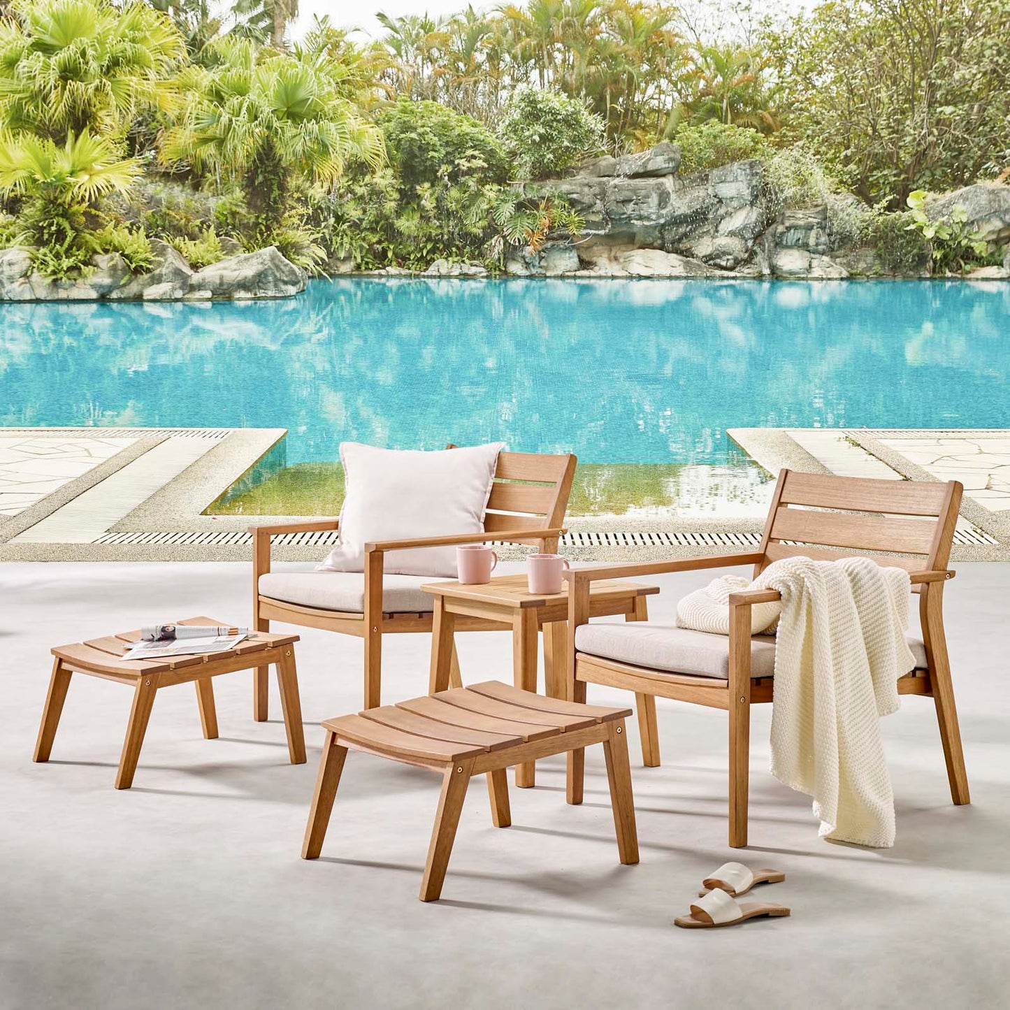 Breton 5 Piece Outdoor Patio Ash Wood Set, Wood, Brown Natural Taupe Gray, 18572