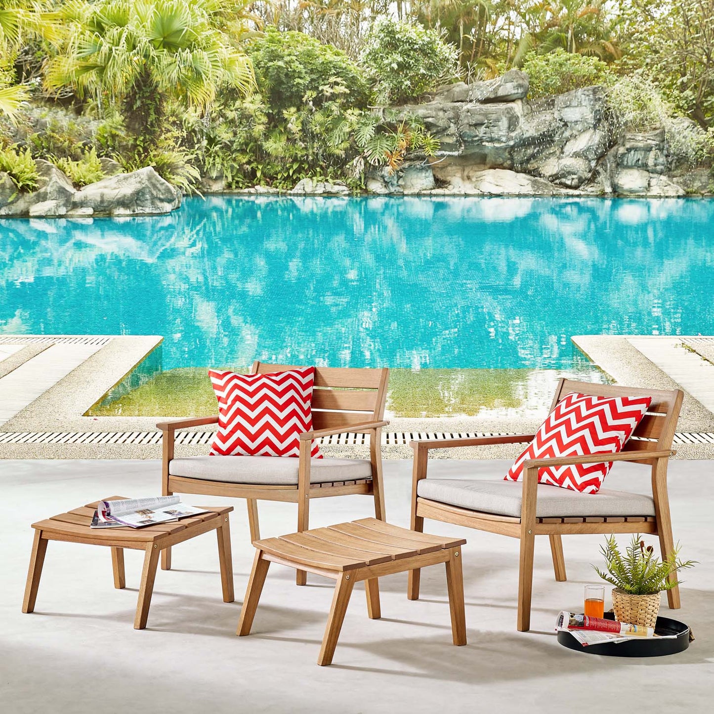 Breton 4 Piece Outdoor Patio Ash Wood Set, Wood, Brown Natural Taupe Gray, 18573