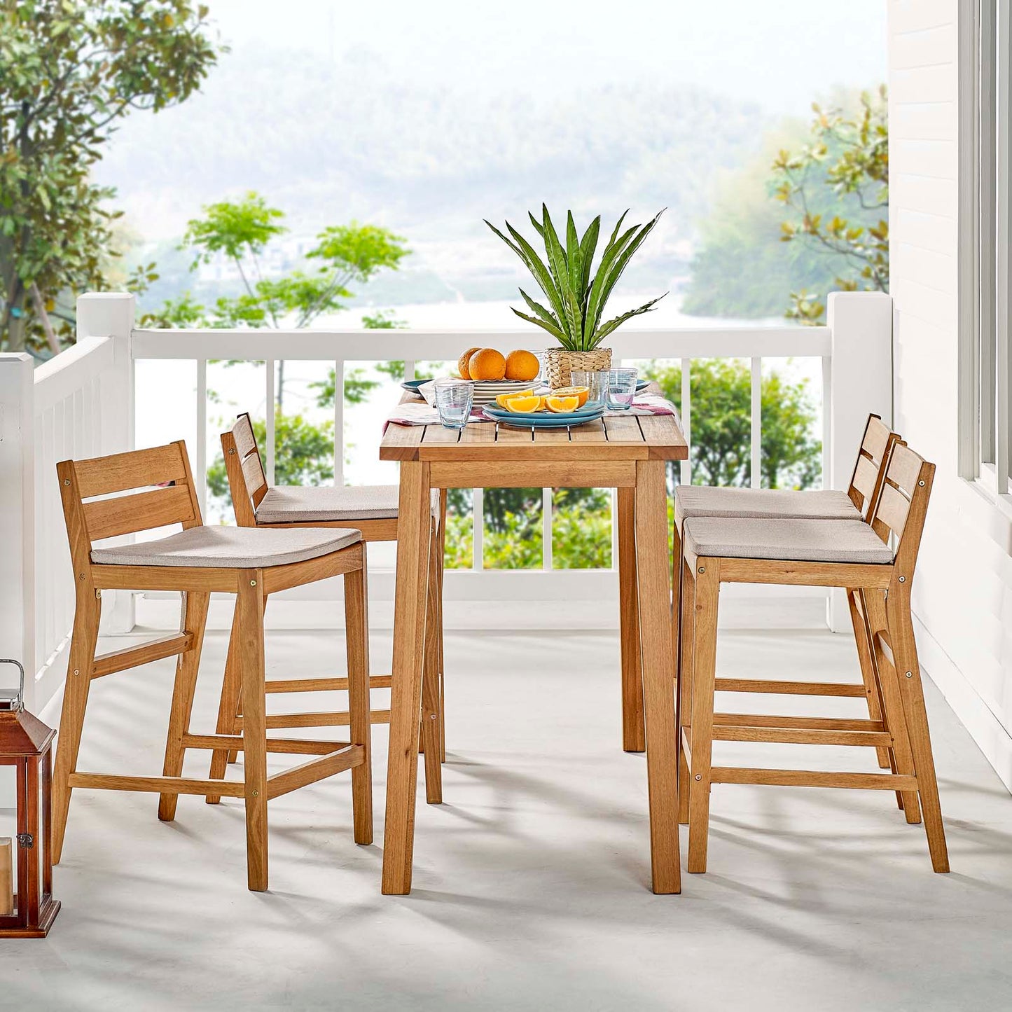 Riverlake 5 Piece Outdoor Patio Ash Wood Bar Set, Wood, Brown Natural Taupe Gray, 18574