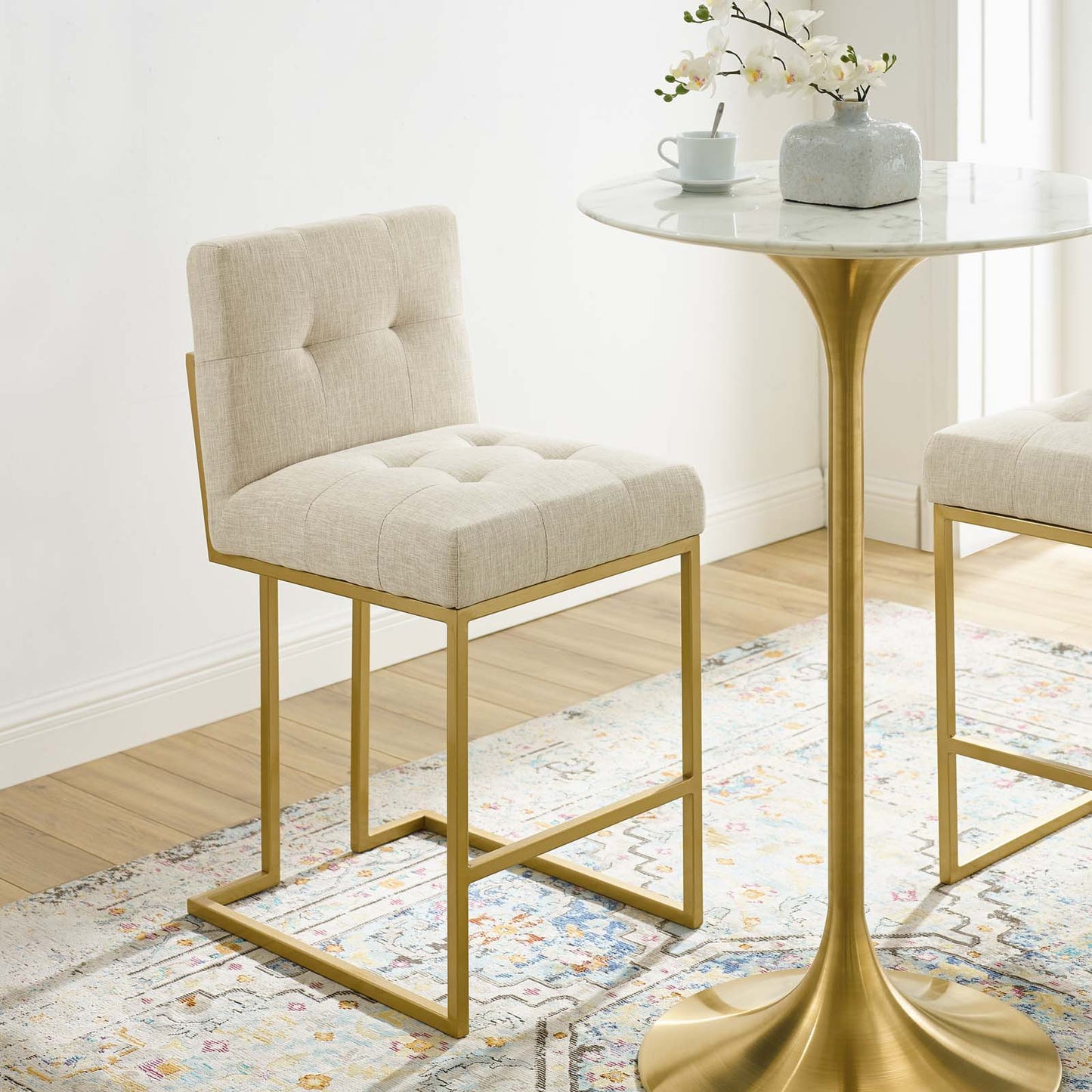 Privy Gold Stainless Steel Upholstered Fabric Counter Stool, Fabric, Metal Steel, Gold Beige, 18586