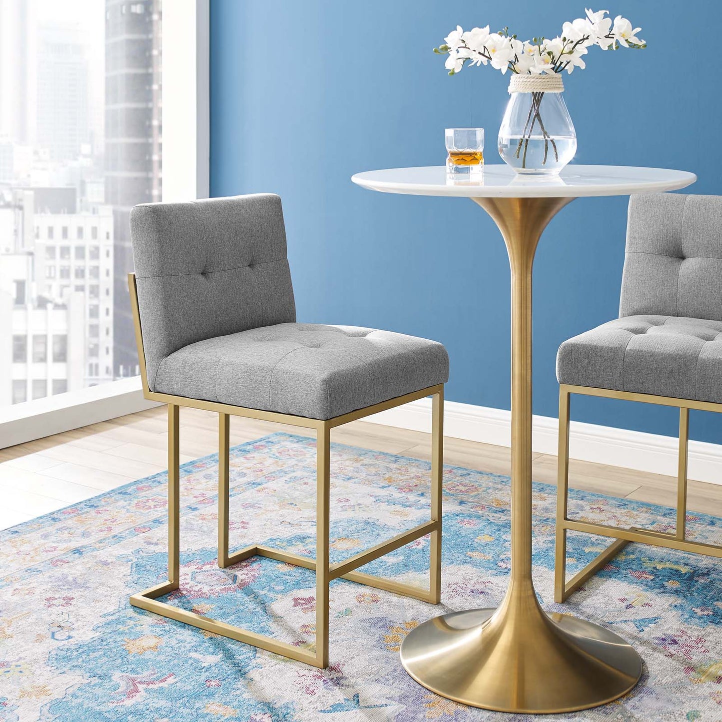 Privy Gold Stainless Steel Upholstered Fabric Counter Stool, Fabric, Metal Steel, Gold Light Grey Gray, 18587