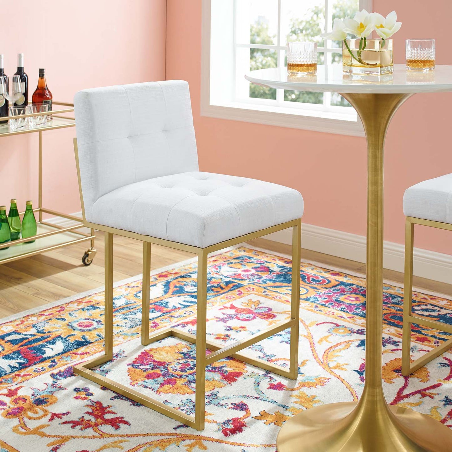 Privy Gold Stainless Steel Upholstered Fabric Counter Stool, Fabric, Metal Steel, Gold White, 18588