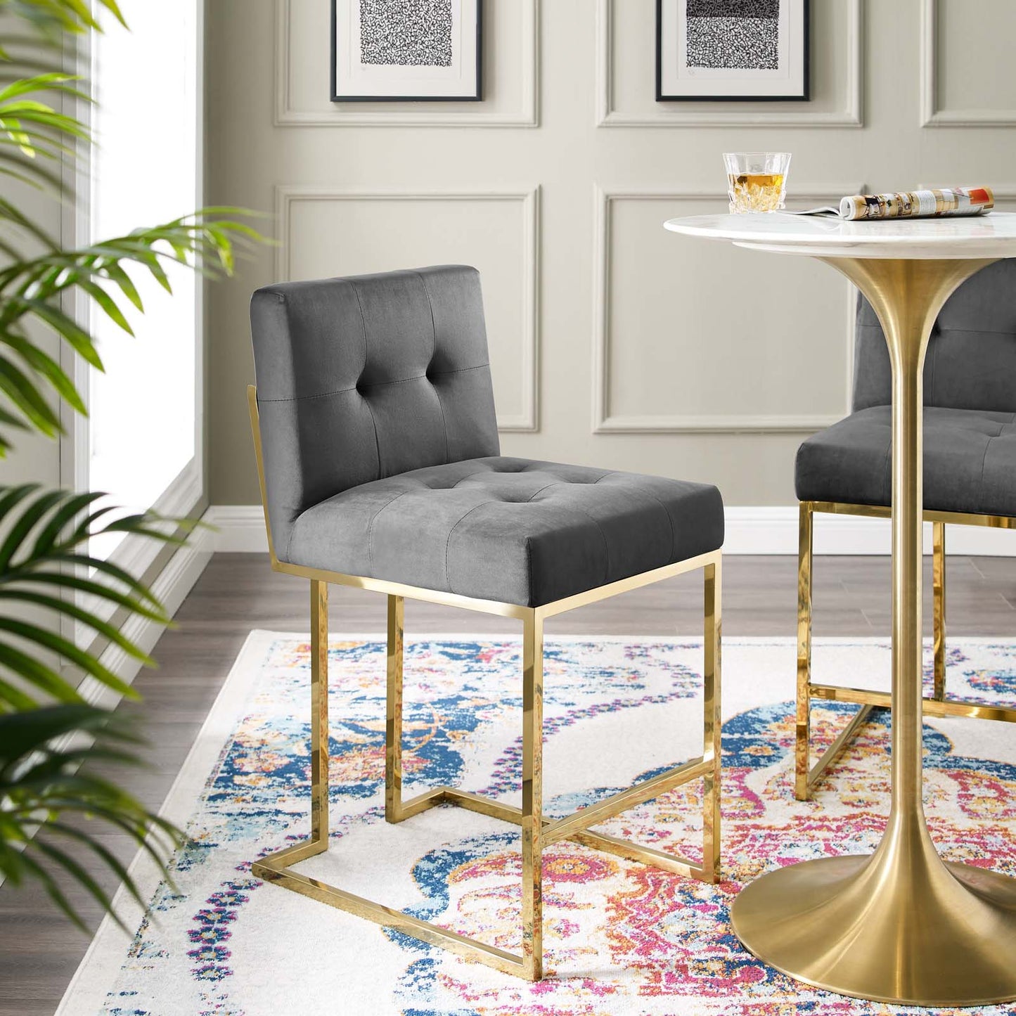 Privy Gold Stainless Steel Performance Velvet Counter Stool, Velvet, Metal Steel, Gold Grey Gray, 18589