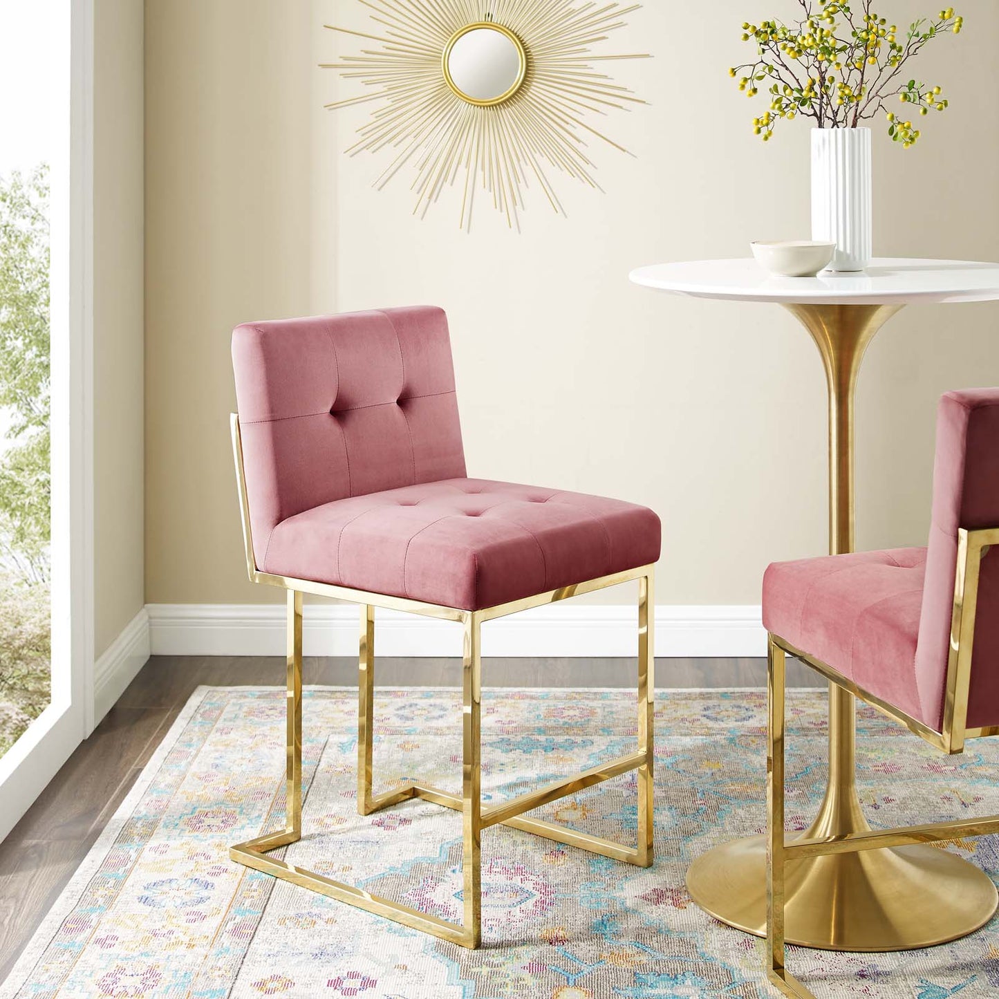 Privy Gold Stainless Steel Performance Velvet Counter Stool, Velvet, Metal Steel, Gold Pink, 18590