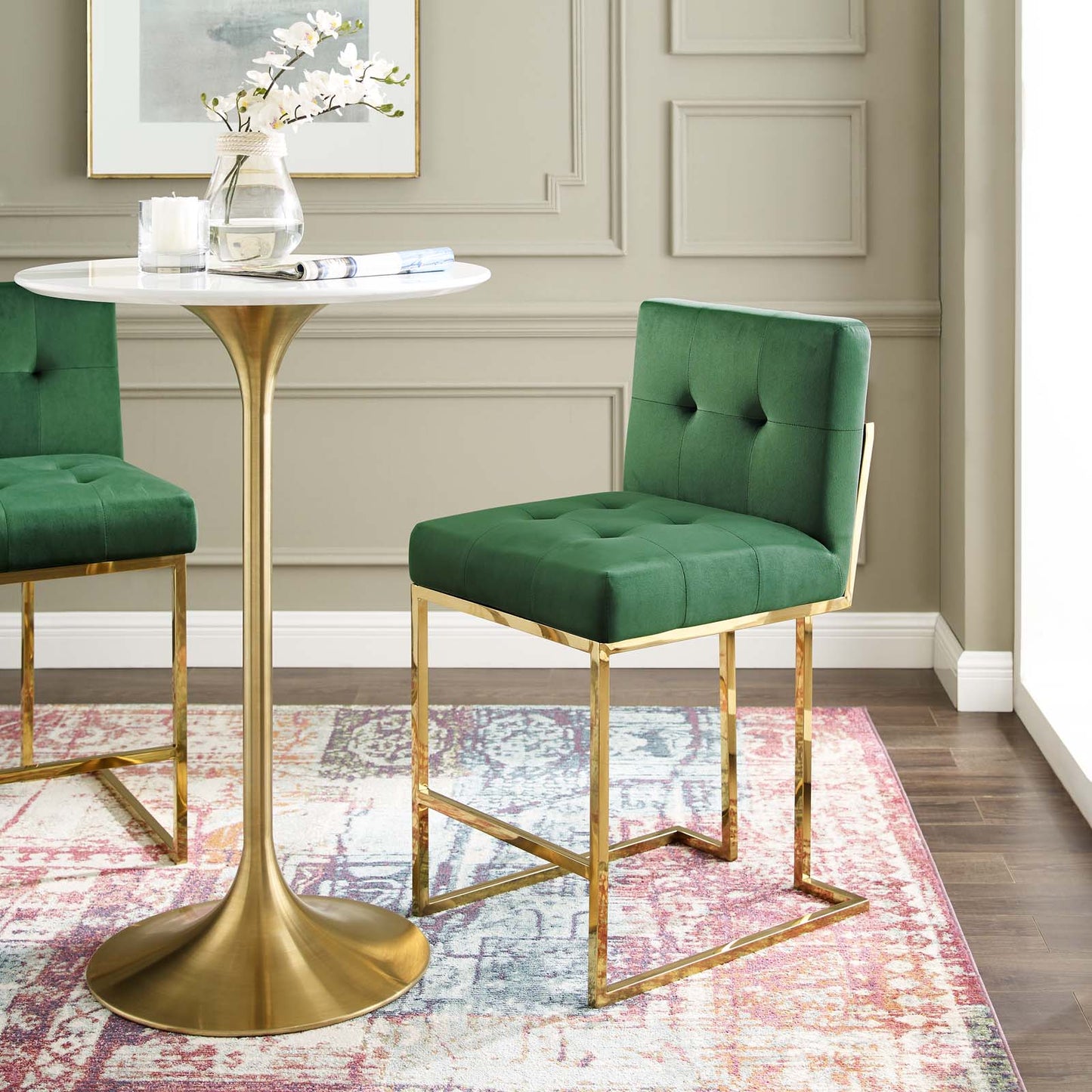 Privy Gold Stainless Steel Performance Velvet Counter Stool, Velvet, Metal Steel, Gold Green, 18591
