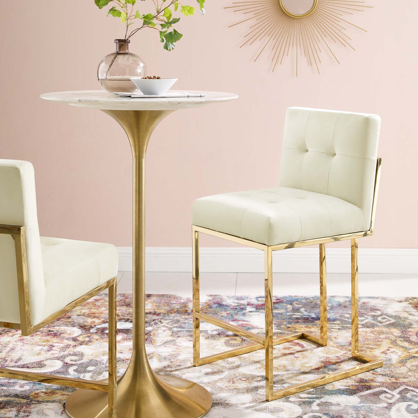 Privy Gold Stainless Steel Performance Velvet Counter Stool, Velvet, Metal Steel, Gold Ivory White, 18592