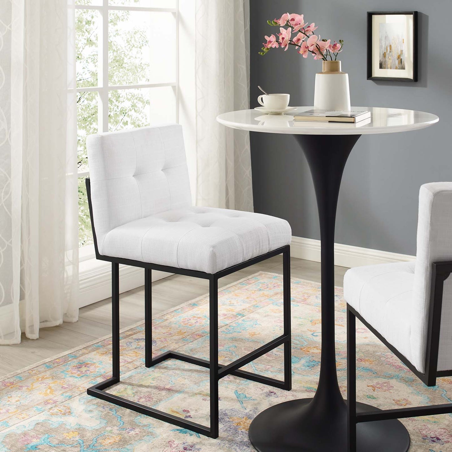 Privy Black Stainless Steel Upholstered Fabric Counter Stool, Fabric, Metal Steel, Black White, 18596