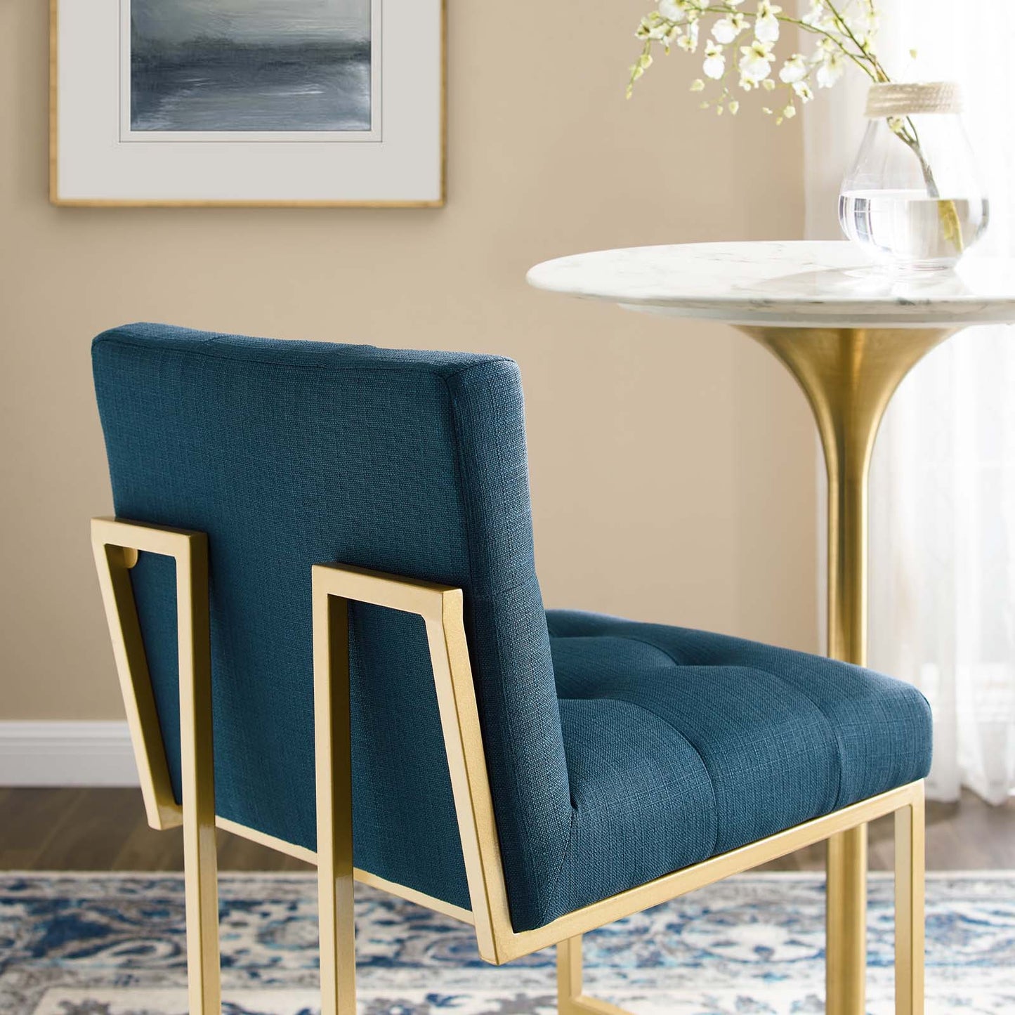 Privy Gold Stainless Steel Upholstered Fabric Bar Stool, Fabric, Metal Steel, Gold Navy Blue, 18597