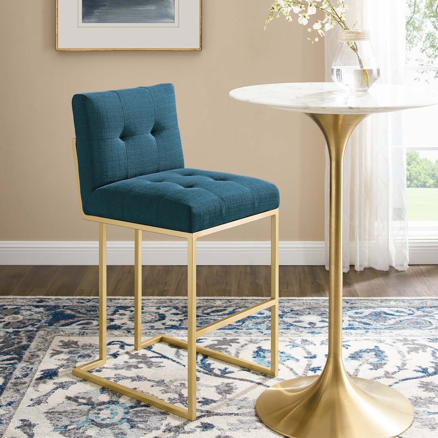 Privy Gold Stainless Steel Upholstered Fabric Bar Stool, Fabric, Metal Steel, Gold Navy Blue, 18597