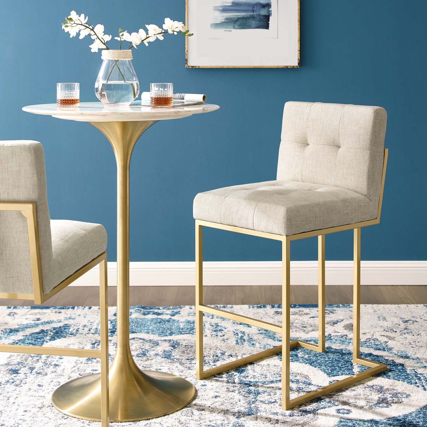 Privy Gold Stainless Steel Upholstered Fabric Bar Stool, Fabric, Metal Steel, Gold Beige, 18598
