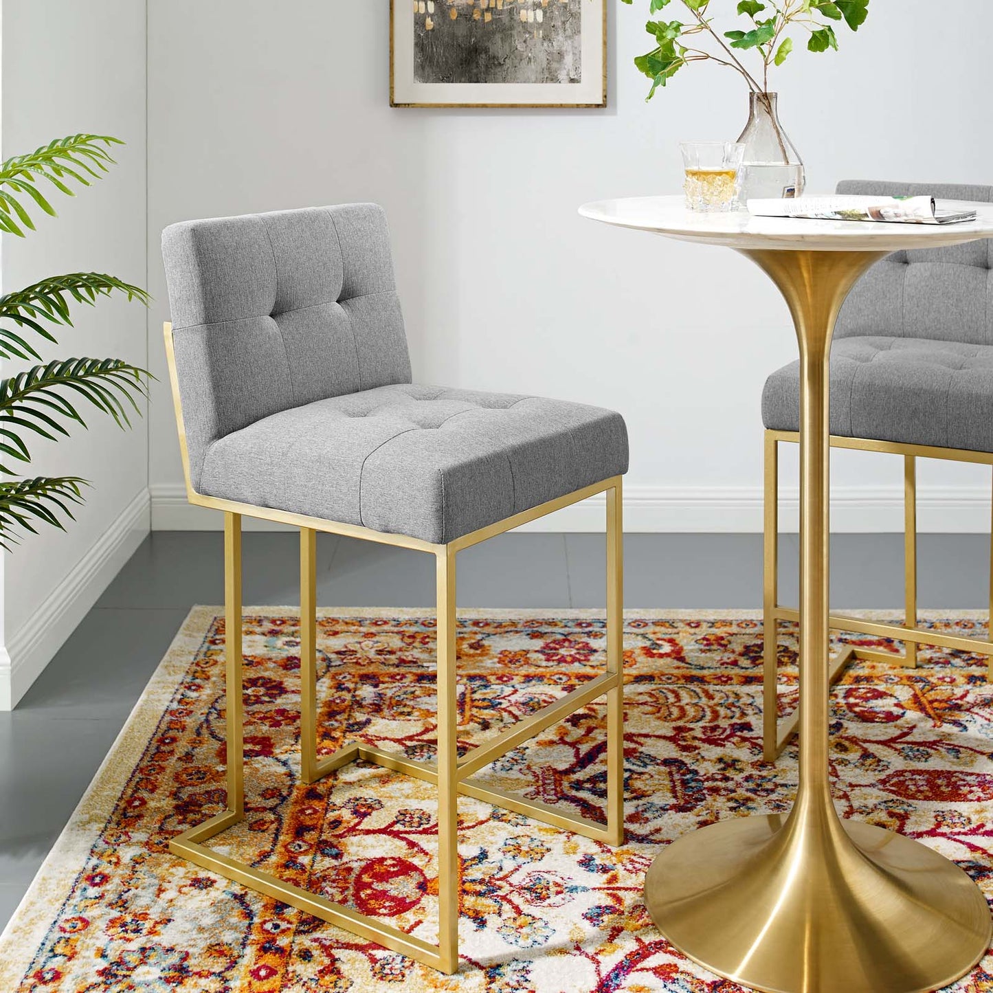 Privy Gold Stainless Steel Upholstered Fabric Bar Stool, Fabric, Metal Steel, Gold Light Grey Gray, 18599