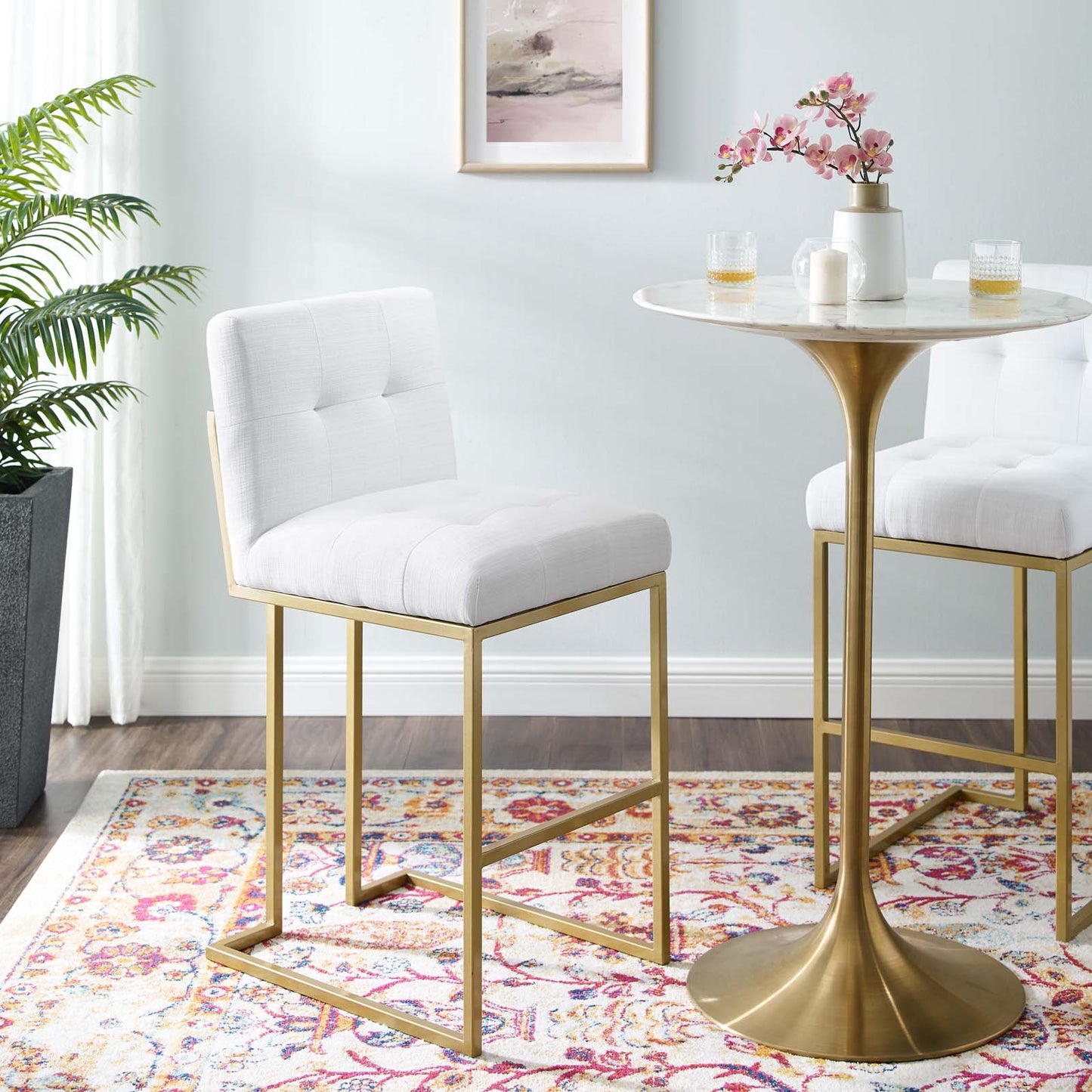 Privy Gold Stainless Steel Upholstered Fabric Bar Stool, Fabric, Metal Steel, Gold White, 18600