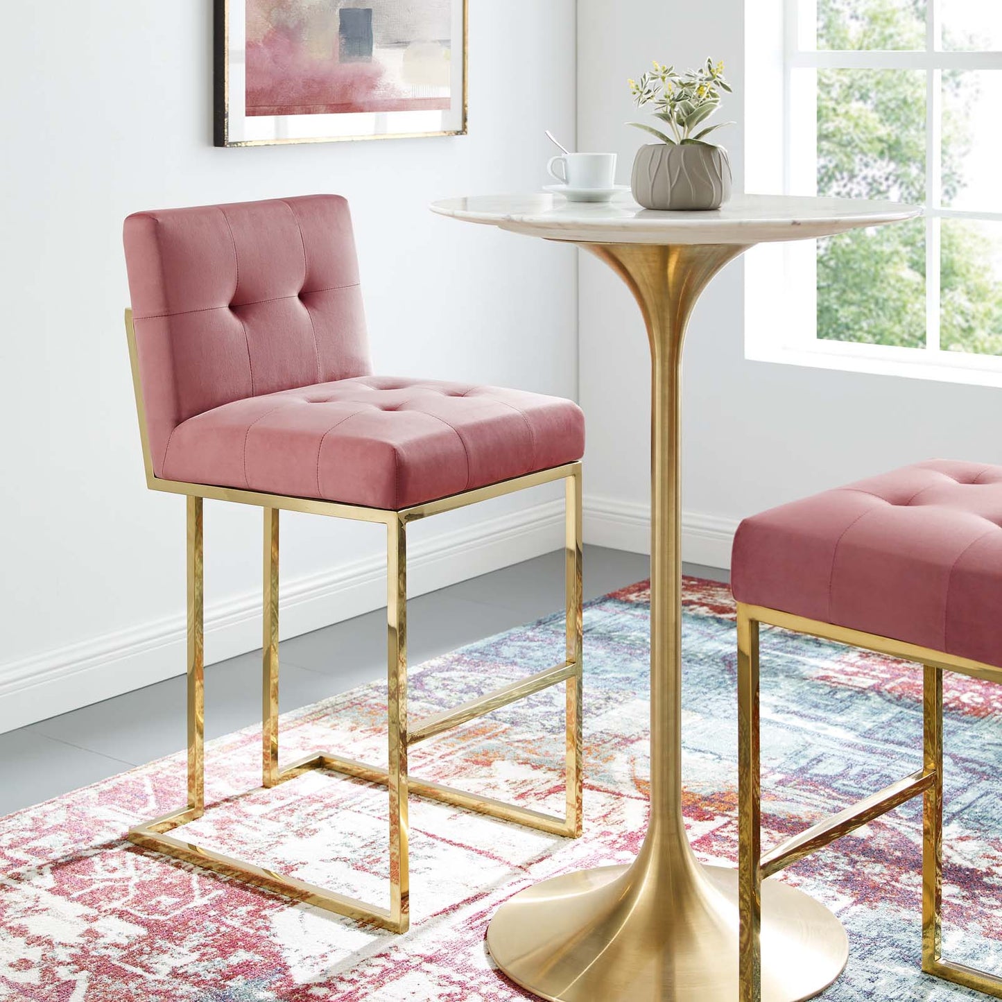 Privy Gold Stainless Steel Performance Velvet Bar Stool, Velvet, Metal Steel, Gold Pink, 18602