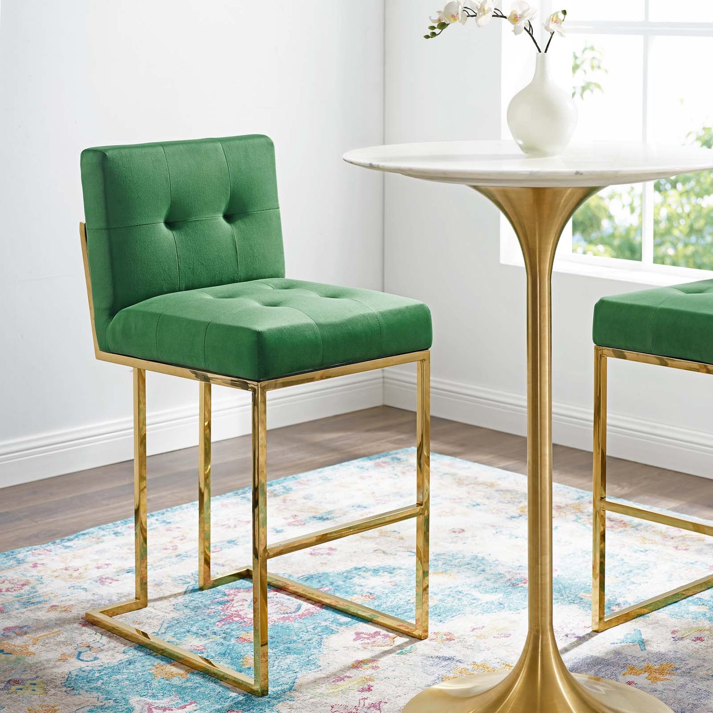 Privy Gold Stainless Steel Performance Velvet Bar Stool, Velvet, Metal Steel, Gold Green, 18603