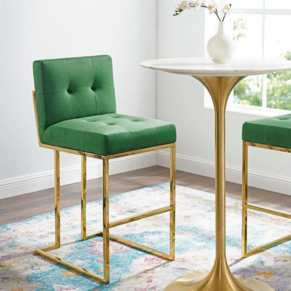 Privy Gold Stainless Steel Performance Velvet Bar Stool, Velvet, Metal Steel, Gold Green, 18603