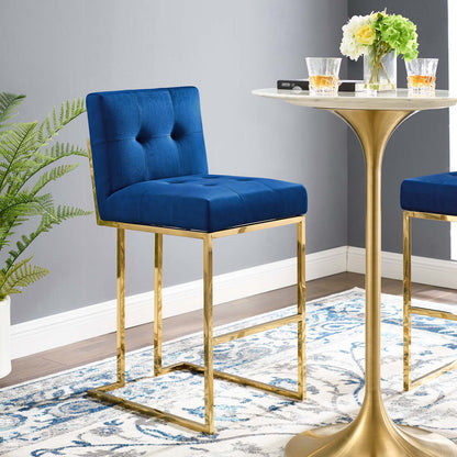 Privy Gold Stainless Steel Performance Velvet Bar Stool, Velvet, Metal Steel, Gold Blue Navy, 18605