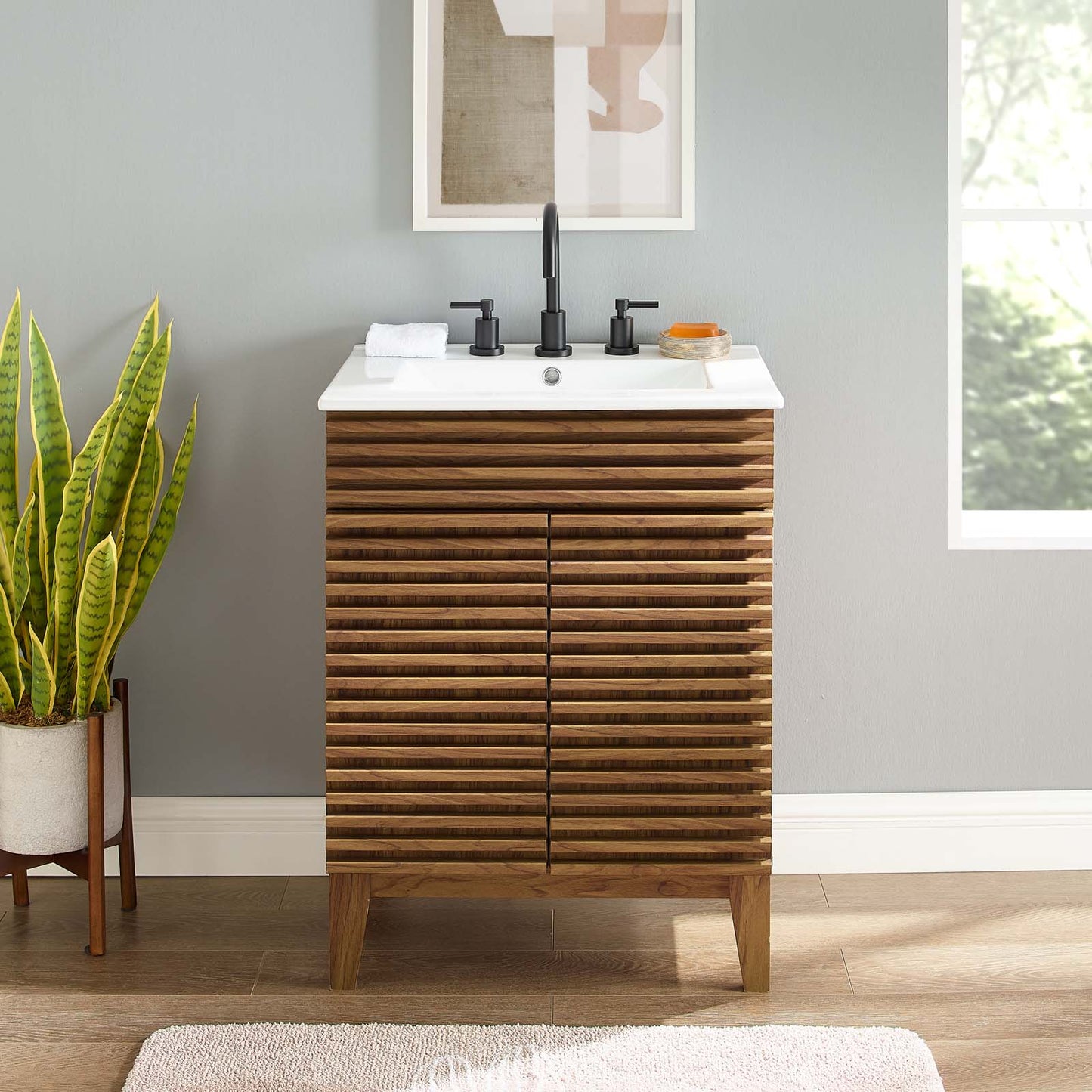 Render Bathroom Vanity, Wood, Brown Walnut White, 18617
