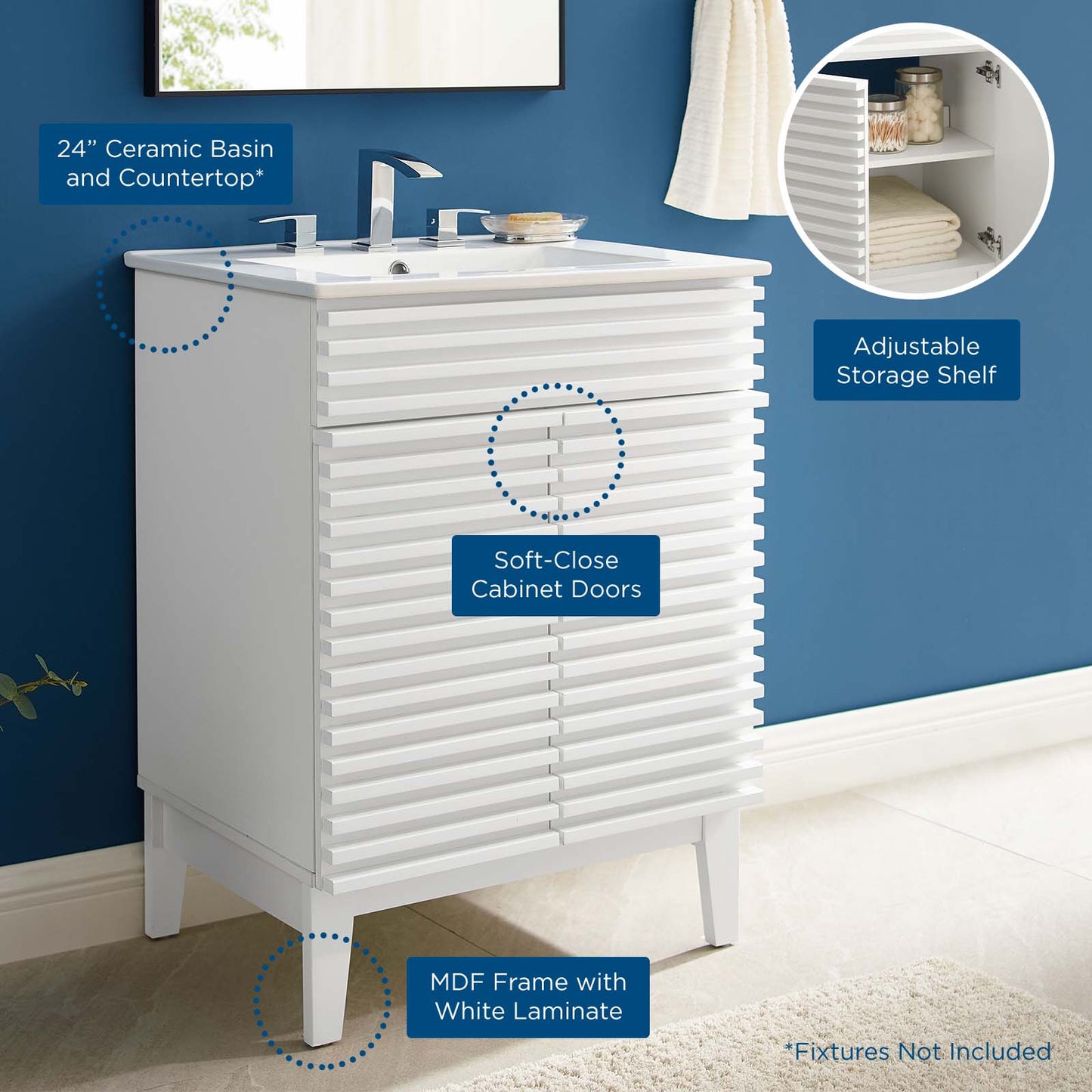Render Bathroom Vanity, Wood, White, 18618