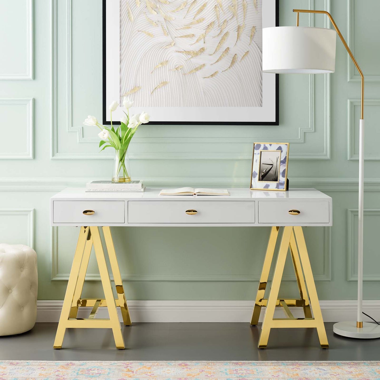 Jettison Office Desk, Wood, Metal Steel, Gold White, 18619