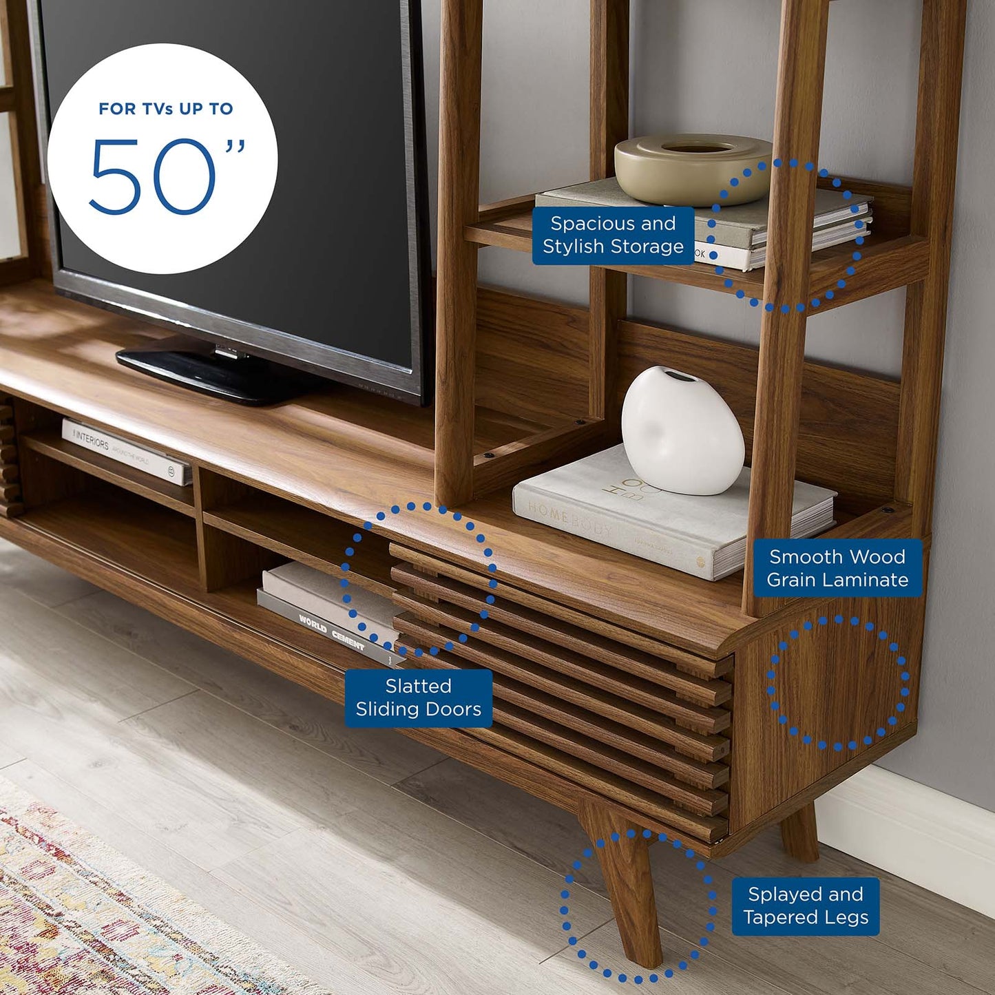 Render TV Stand Entertainment Center, Wood, Brown Walnut, 18621