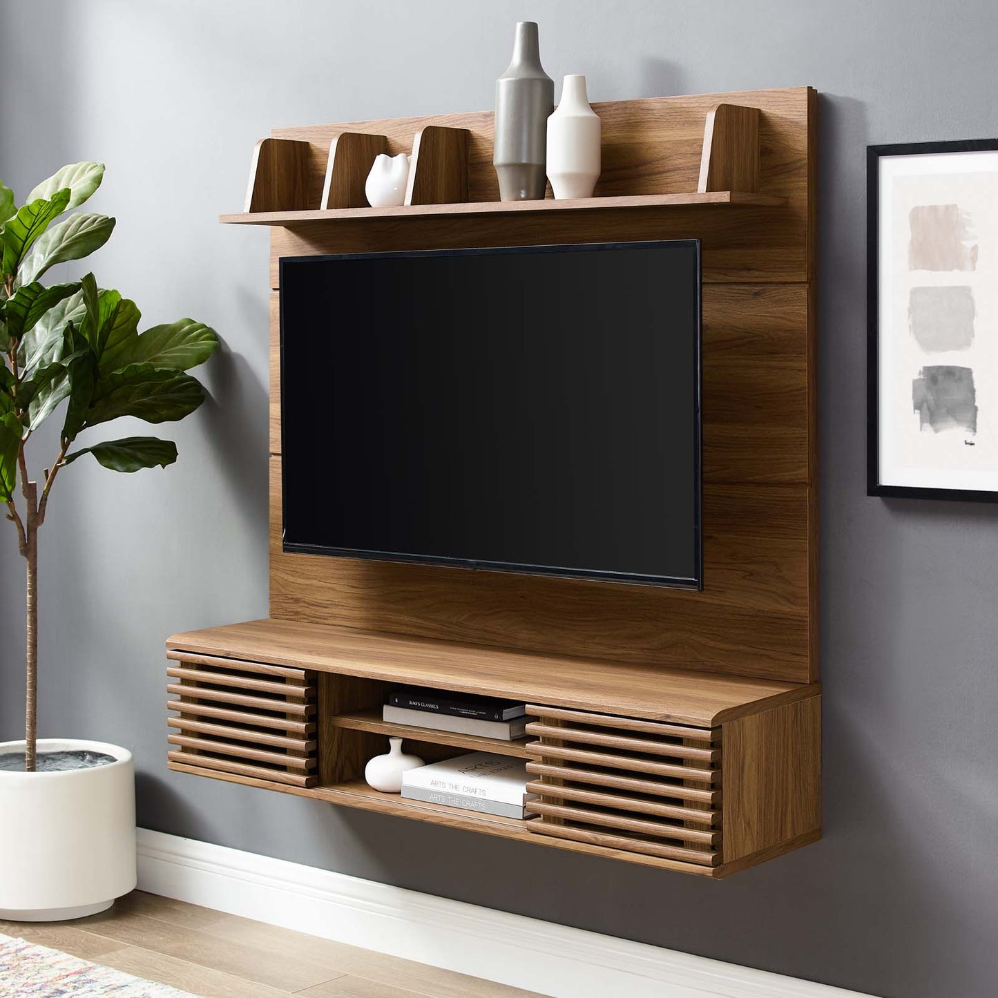 Render Wall Mounted TV Stand Entertainment Center, Wood, Brown Walnut, 18622