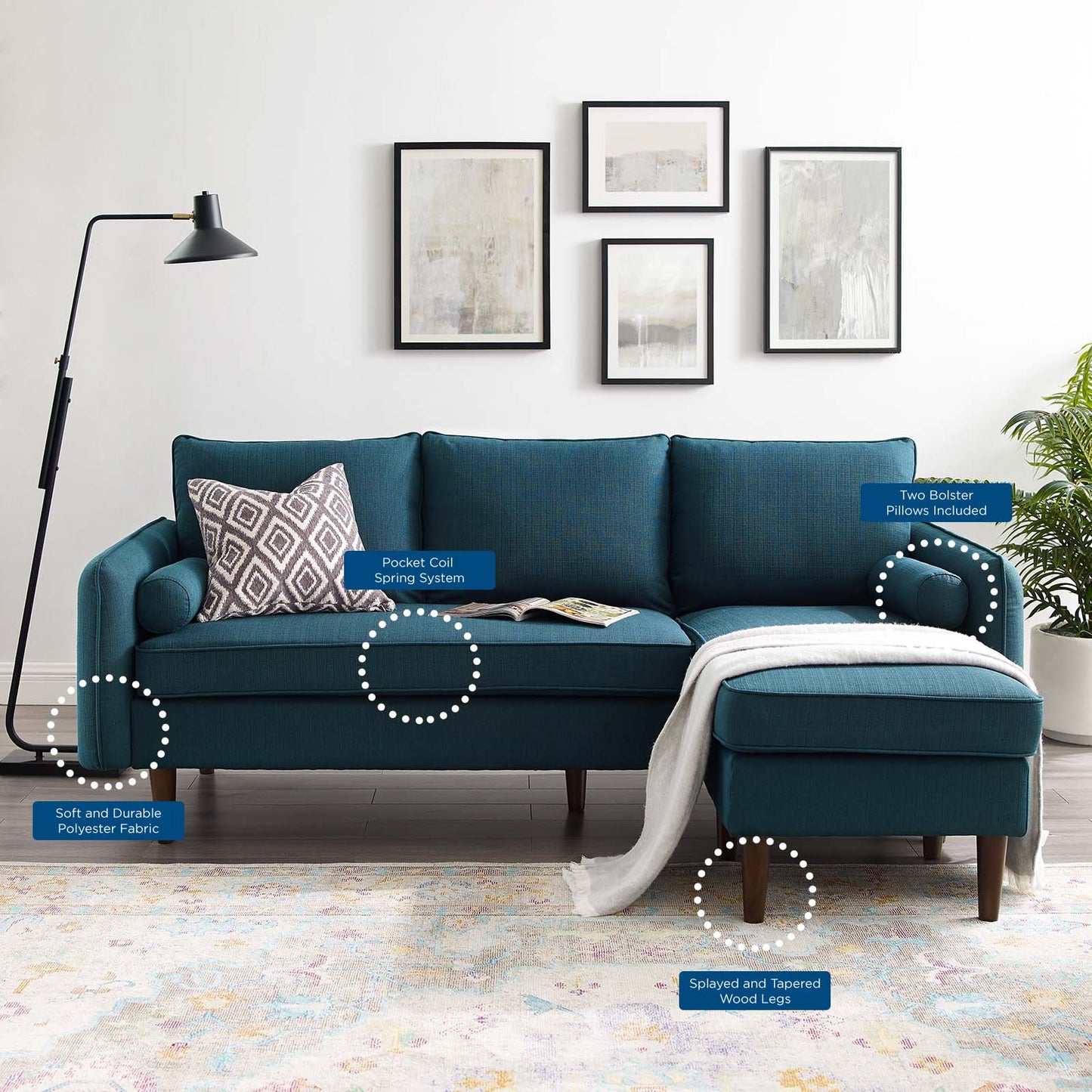 Revive Upholstered Right or Left Sectional Sofa, Fabric, Navy Blue, 18623