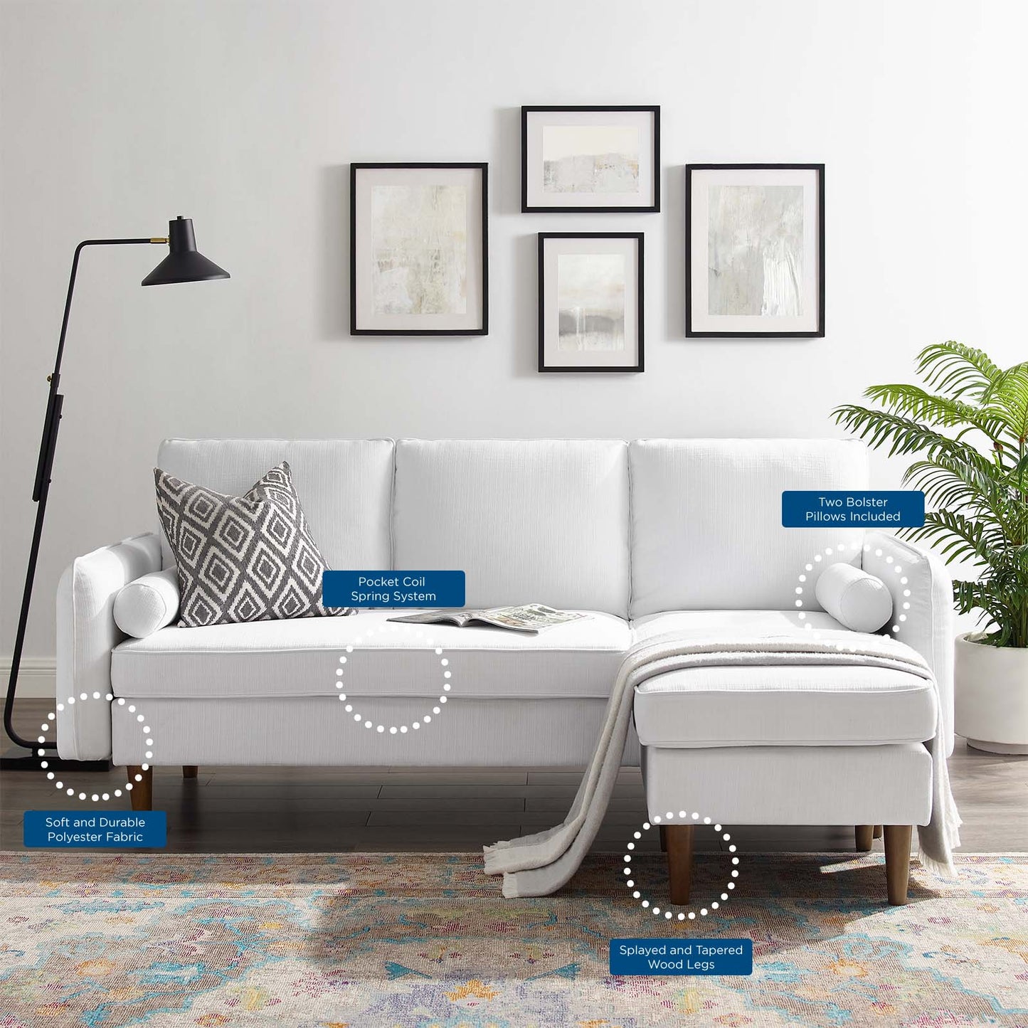 Revive Upholstered Right or Left Sectional Sofa, Fabric, White, 18628