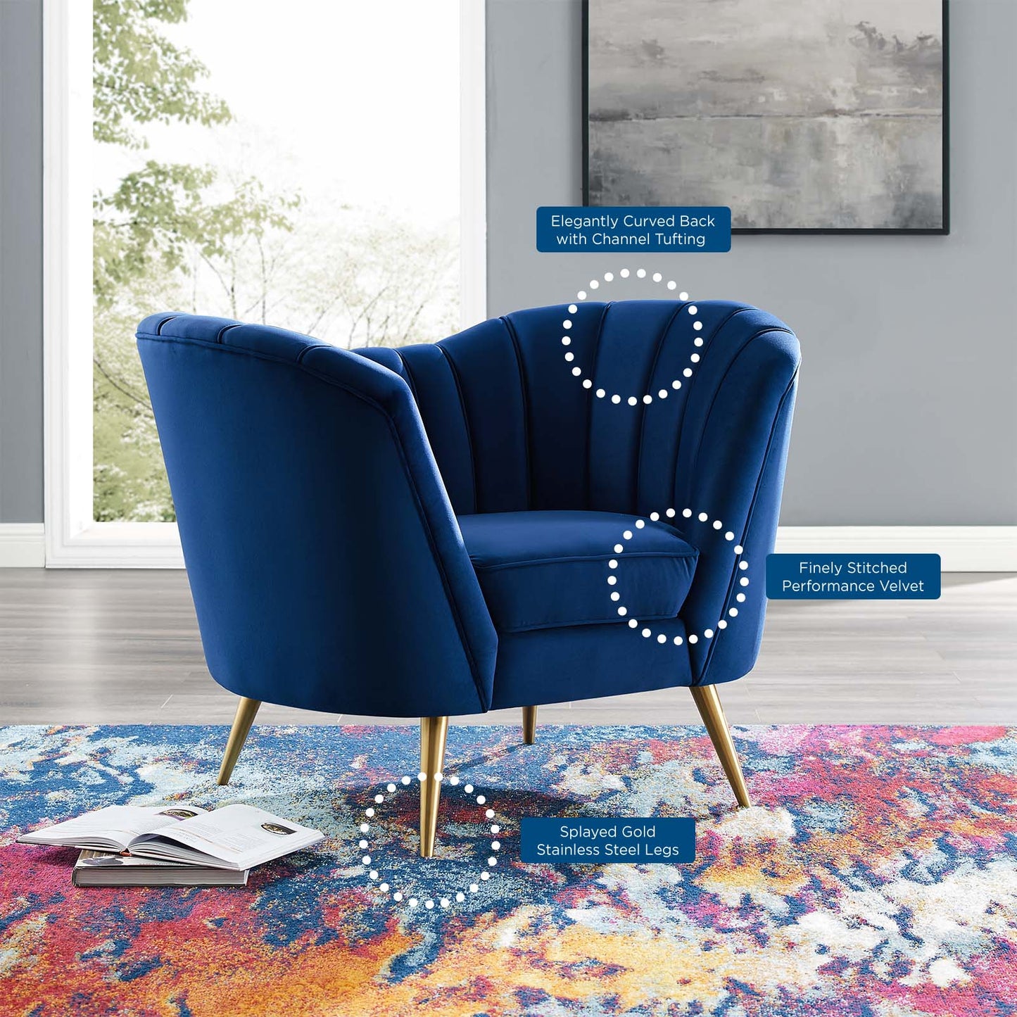 Opportunity Performance Velvet Armchair, Velvet, Blue Navy, 18644