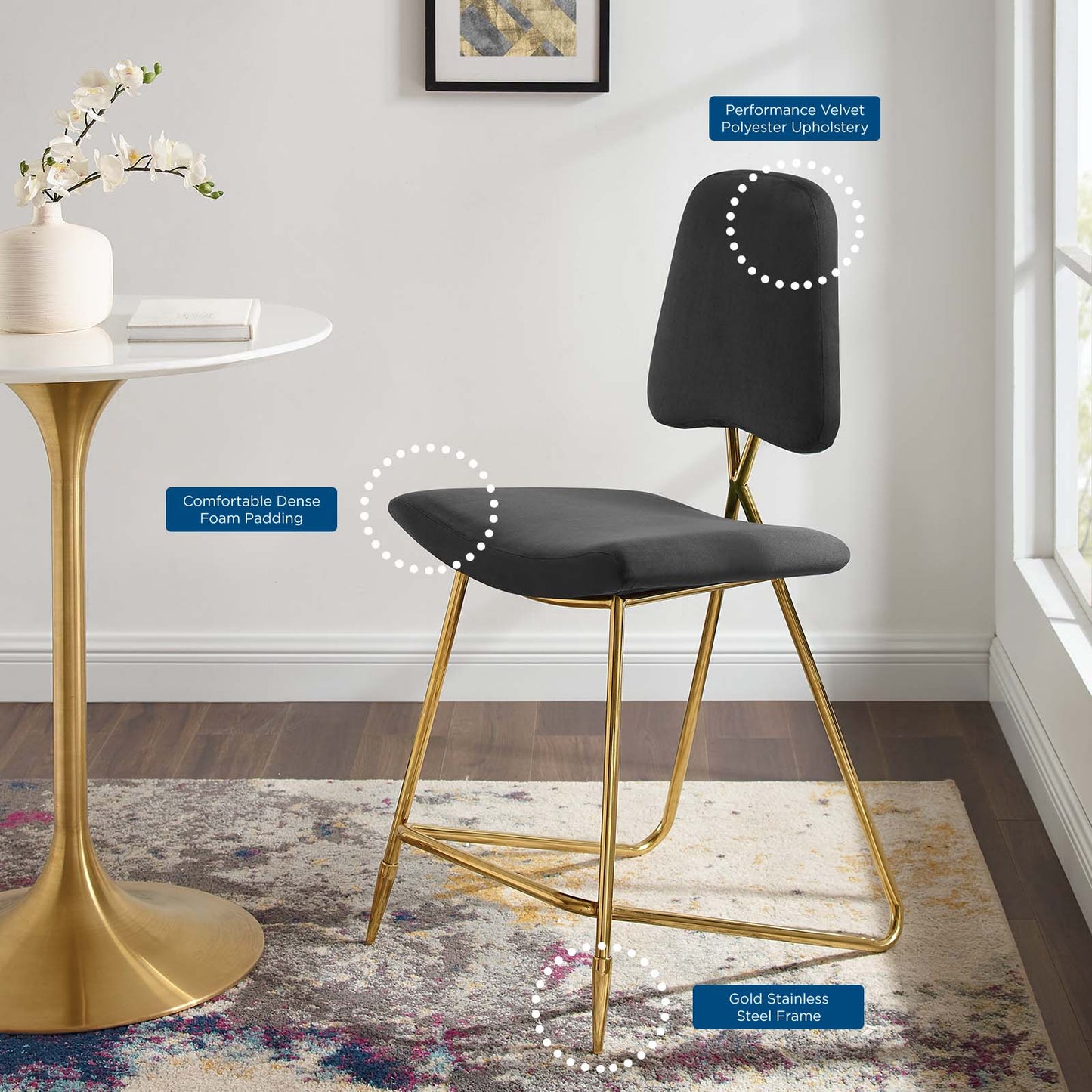 Ponder Performance Velvet Counter Stool, Velvet, Metal Steel, Black, 18649