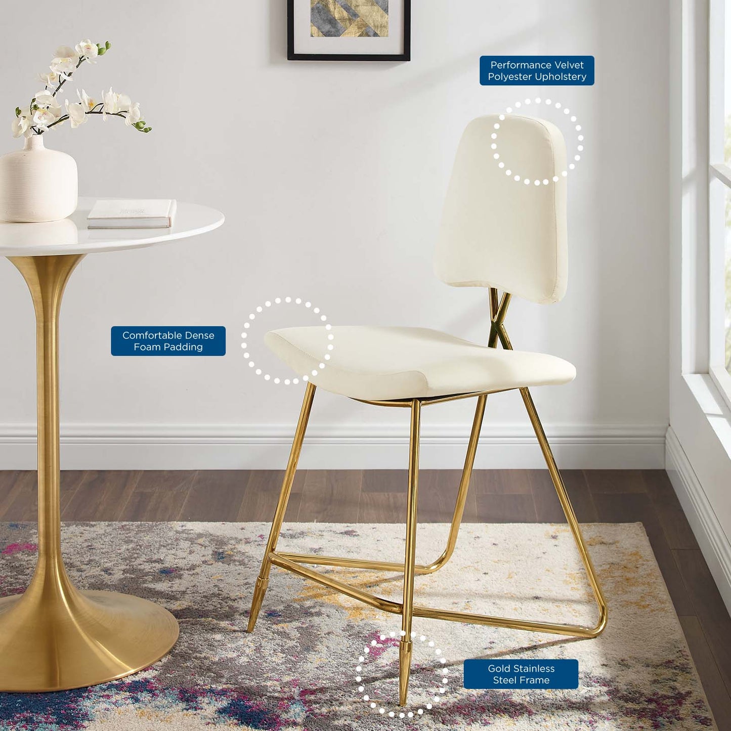 Ponder Performance Velvet Counter Stool, Velvet, Metal Steel, Ivory White, 18651