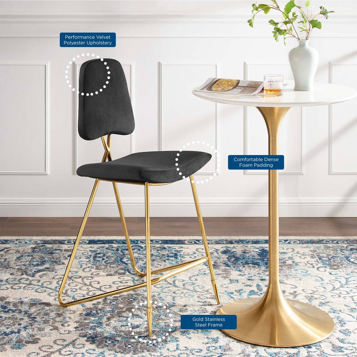 Ponder Performance Velvet Bar Stool, Velvet, Metal Steel, Black, 18654