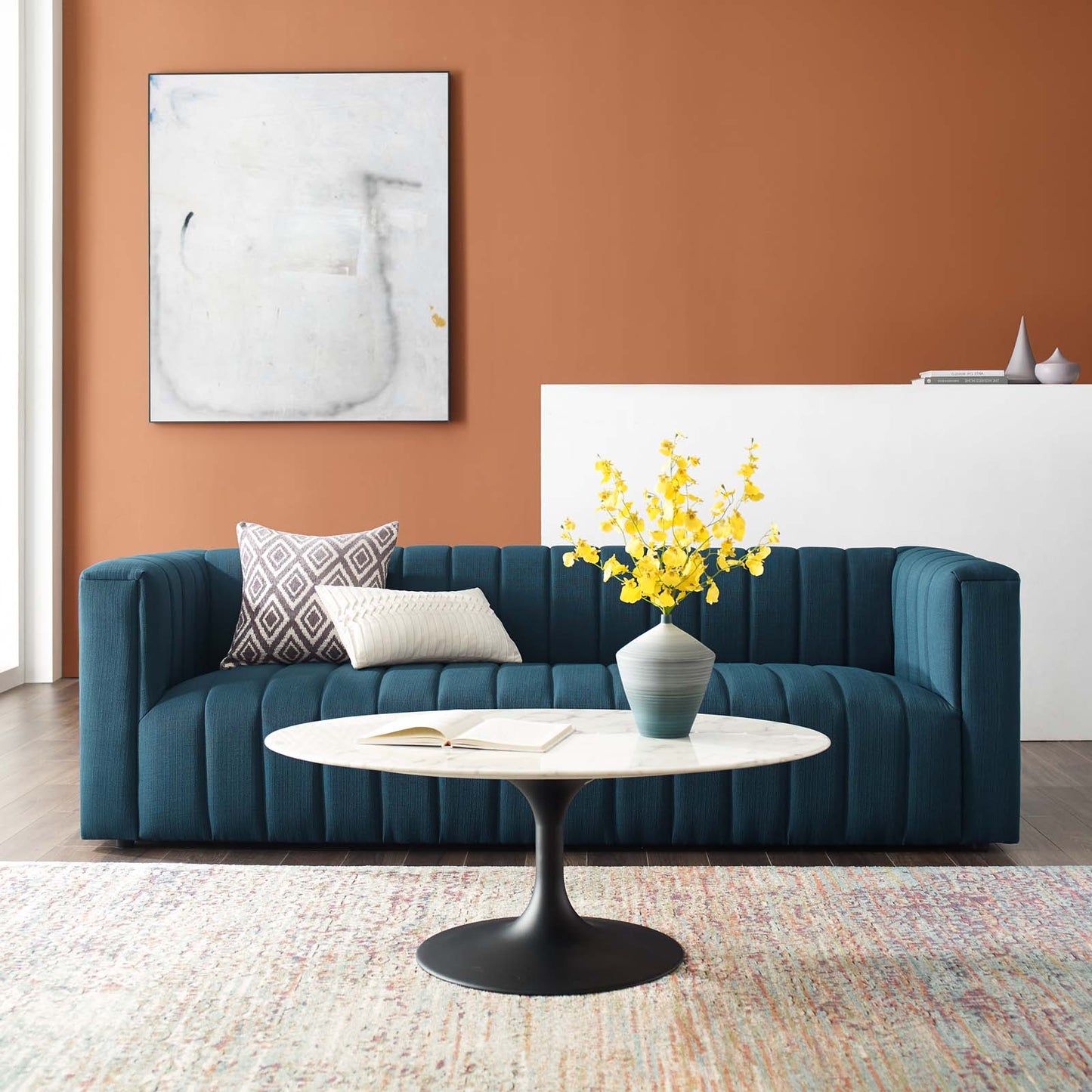 Reflection Channel Tufted Upholstered Fabric Sofa, Fabric, Navy Blue, 18659