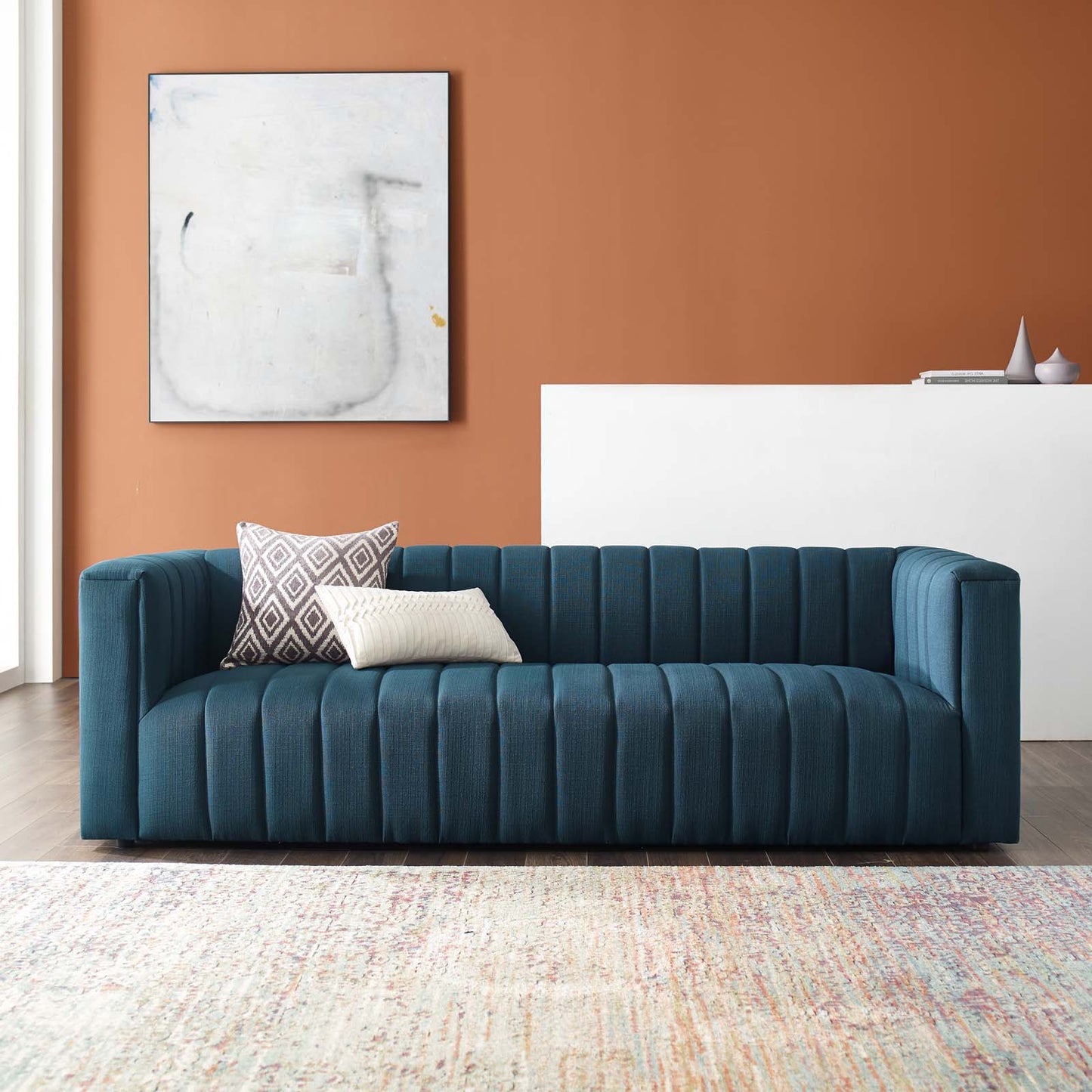 Reflection Channel Tufted Upholstered Fabric Sofa, Fabric, Navy Blue, 18659