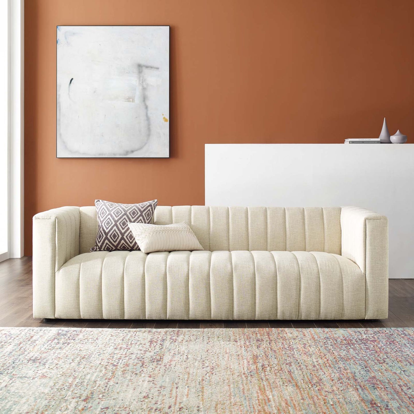 Reflection Channel Tufted Upholstered Fabric Sofa, Fabric, Beige, 18660