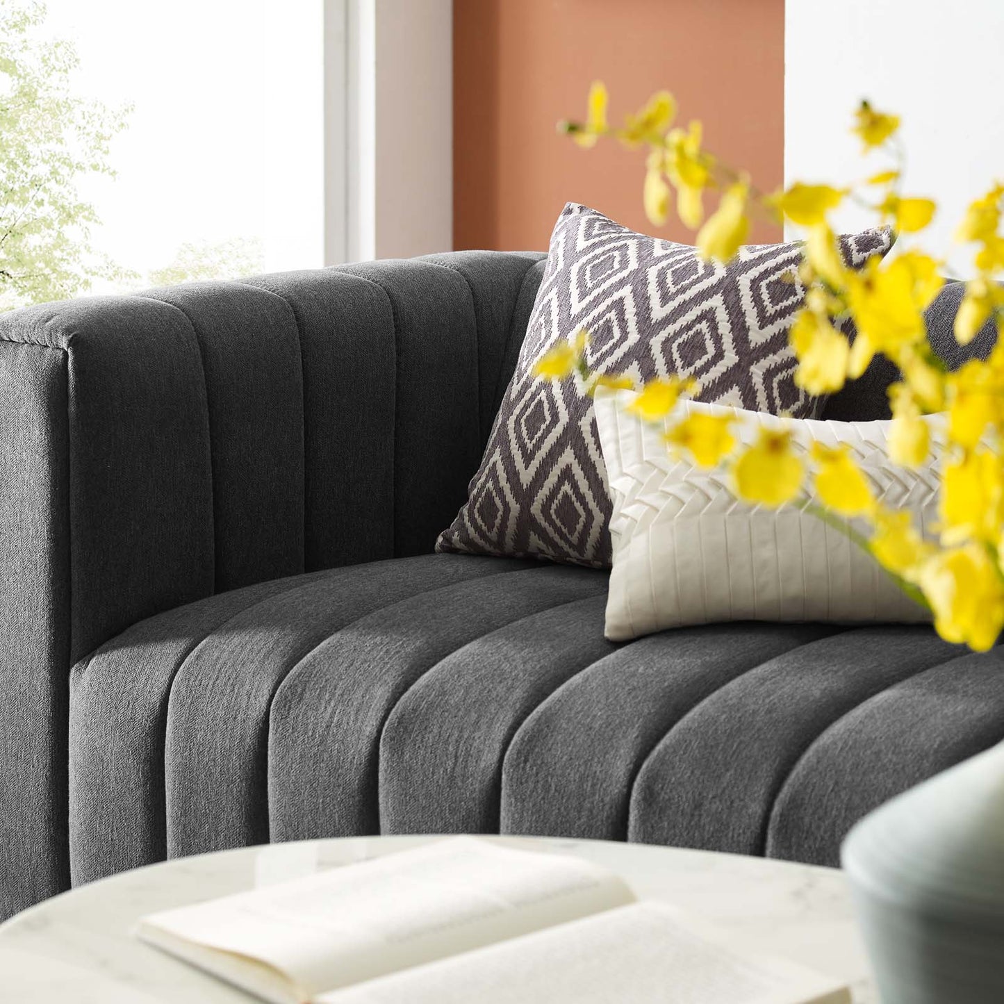 Reflection Channel Tufted Upholstered Fabric Sofa, Fabric, Dark Grey Gray, 18661
