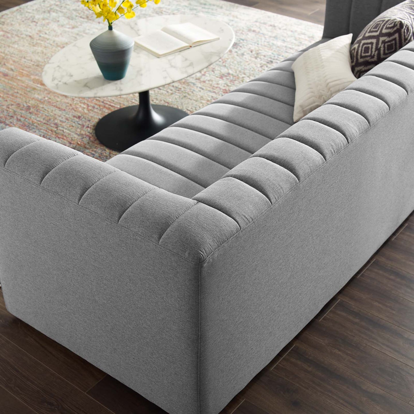 Reflection Channel Tufted Upholstered Fabric Sofa, Fabric, Light Grey Gray, 18662