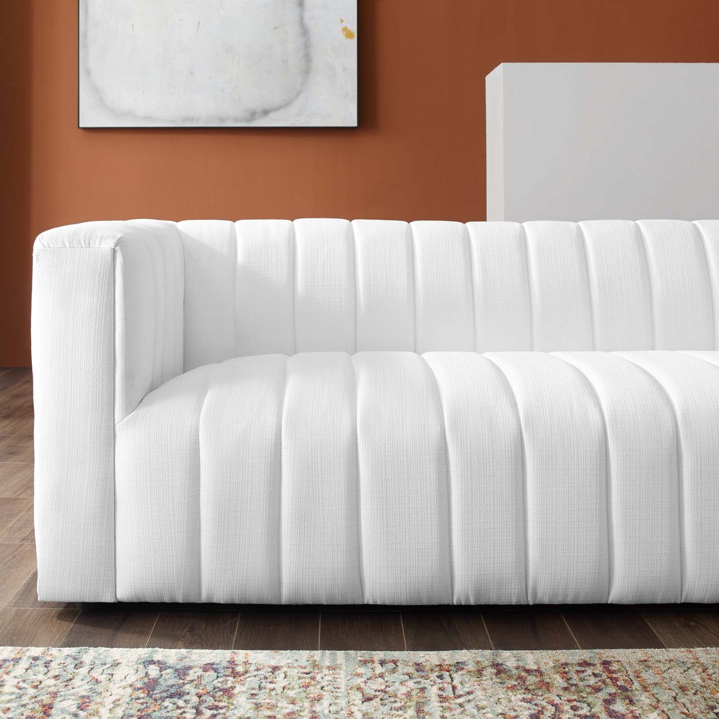 Reflection Channel Tufted Upholstered Fabric Sofa, Fabric, White, 18663