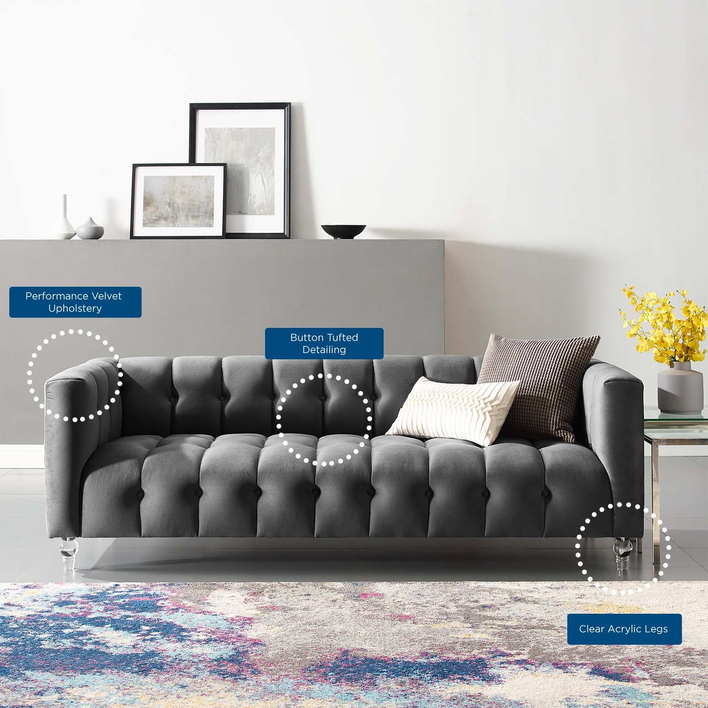 Mesmer Channel Tufted Button Performance Velvet Sofa, Velvet, Dark Grey Gray, 18664