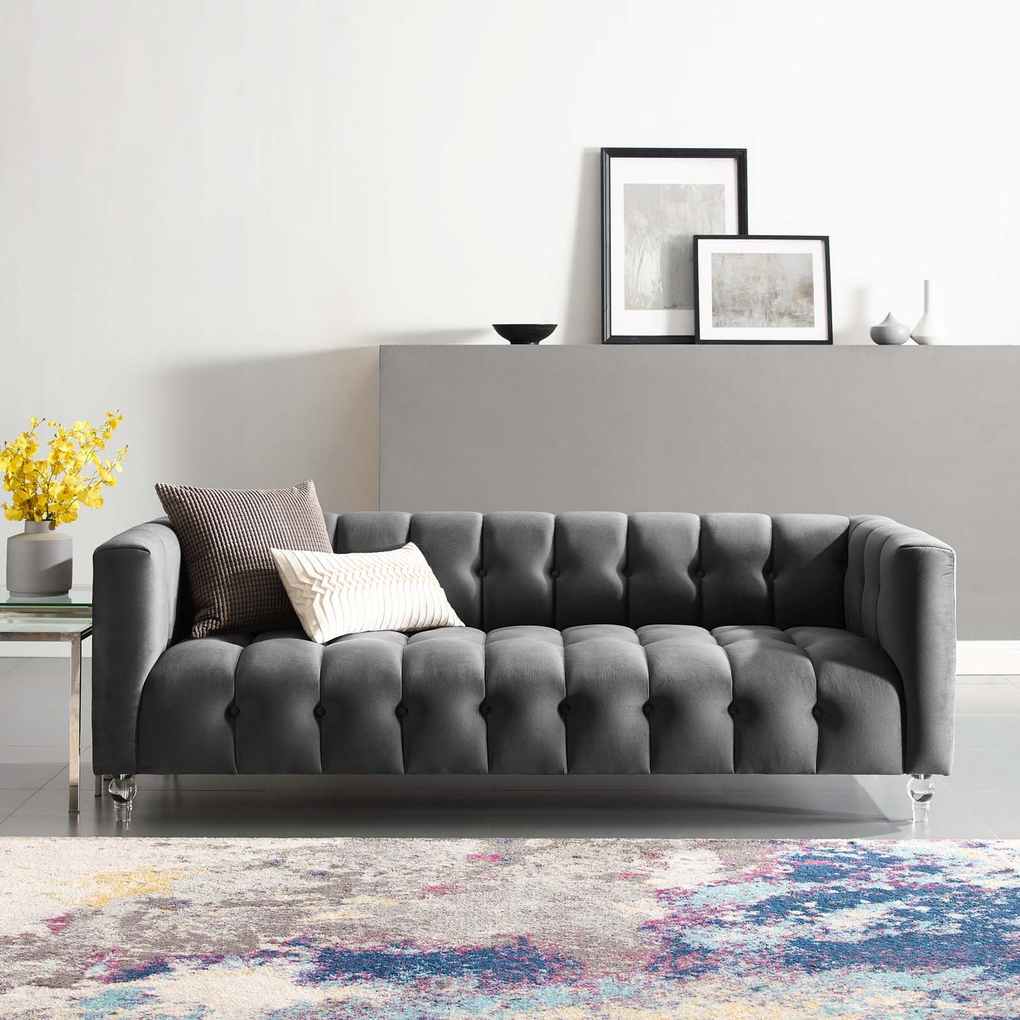 Mesmer Channel Tufted Button Performance Velvet Sofa, Velvet, Dark Grey Gray, 18664