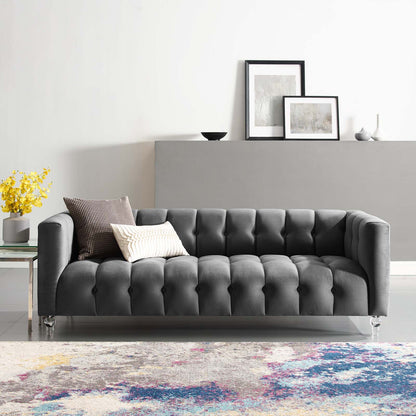 Mesmer Channel Tufted Button Performance Velvet Sofa, Velvet, Dark Grey Gray, 18664